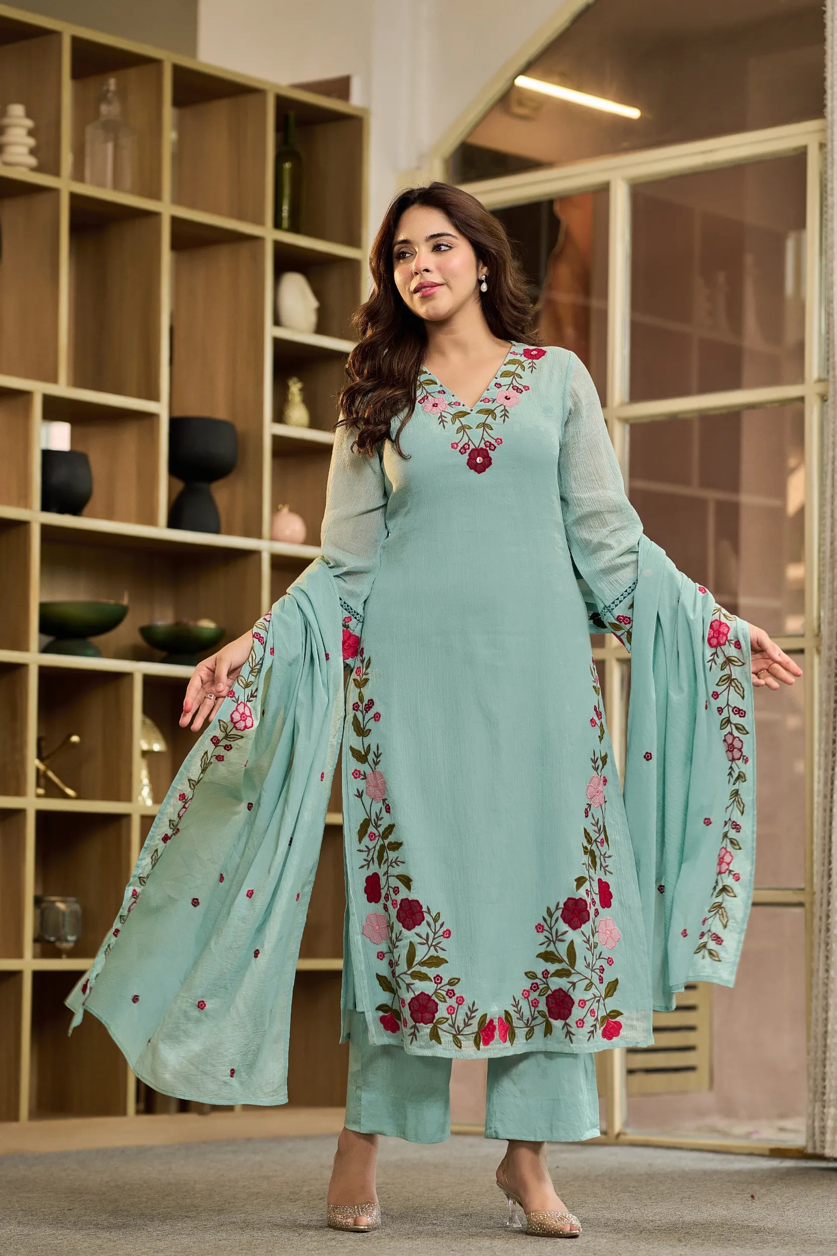 Aqua Embroidered Suit Set