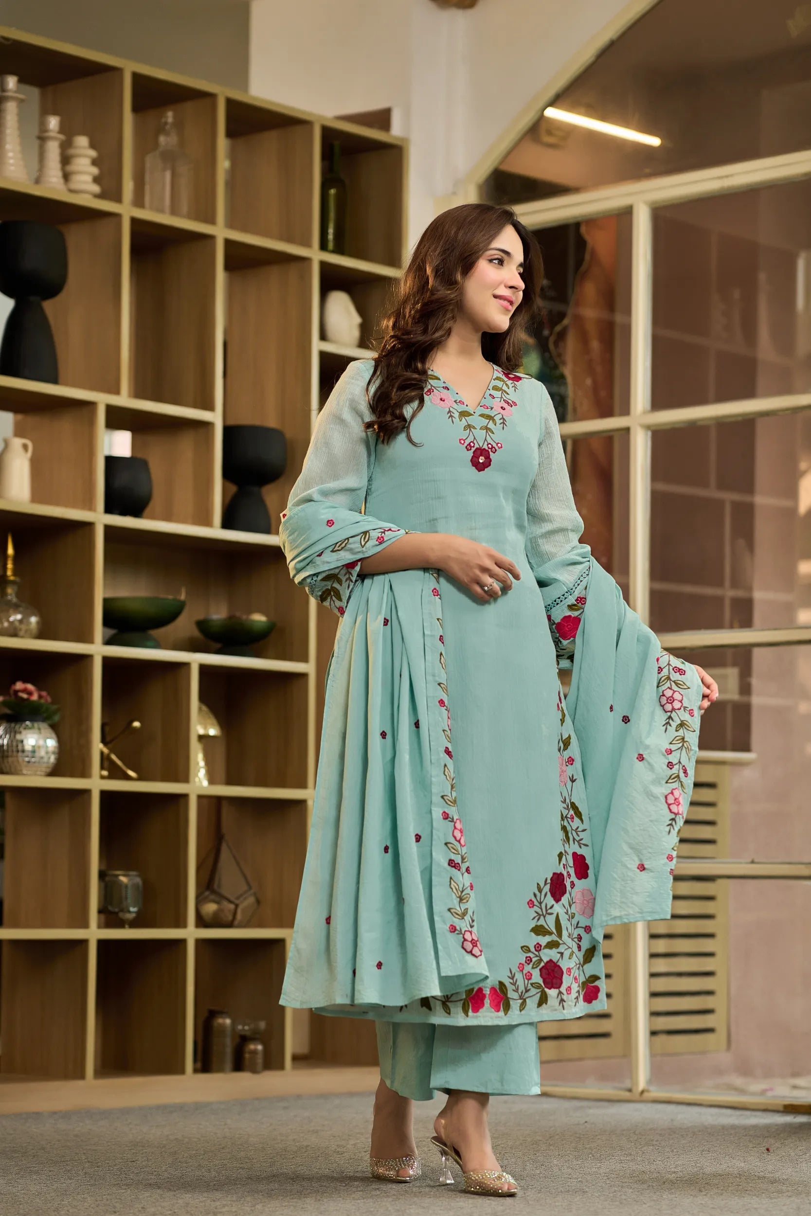 Aqua Embroidered Suit Set