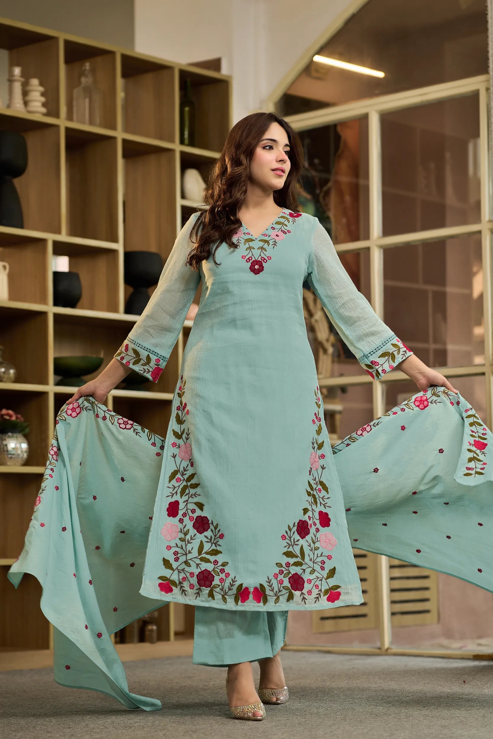 Aqua Embroidered Suit Set