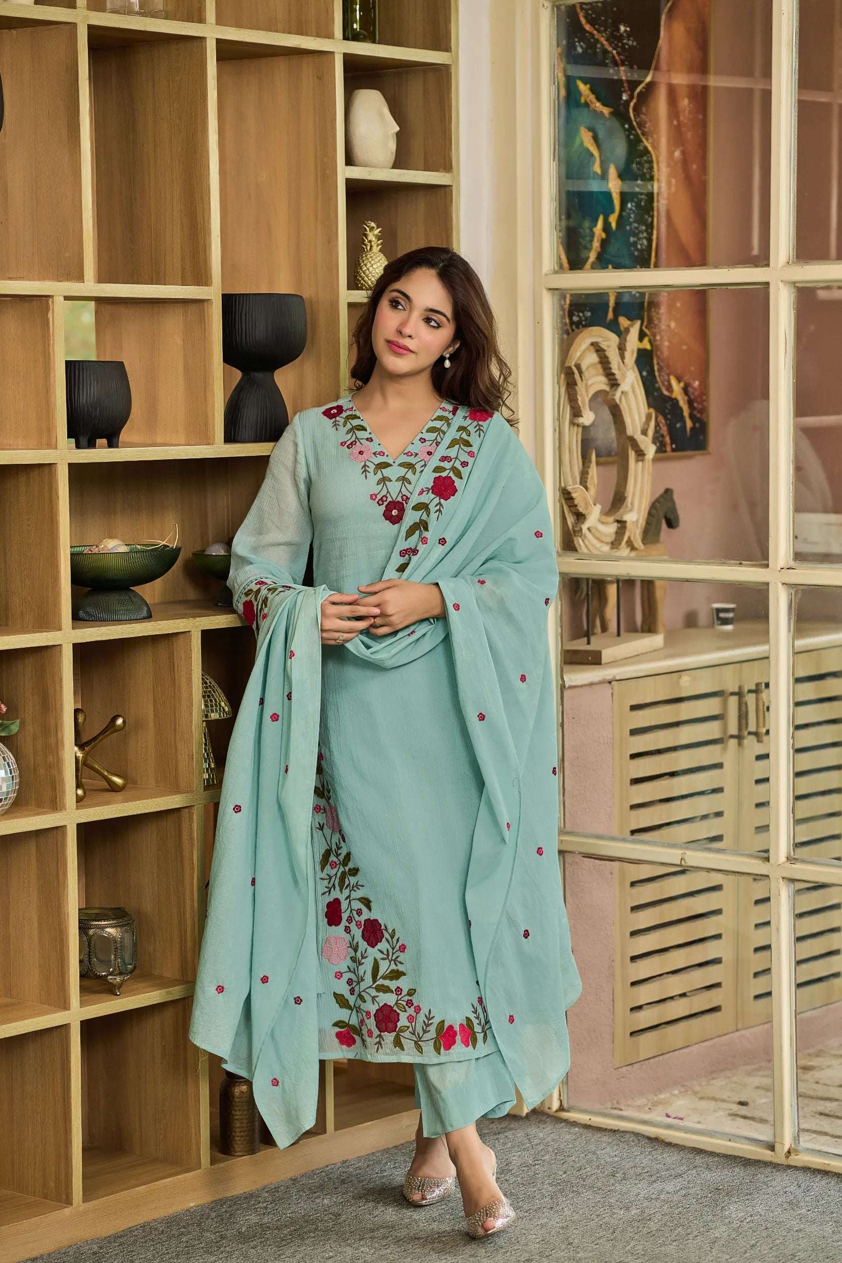 Aqua Embroidered Suit Set