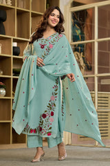Aqua Embroidered Kurta  Set