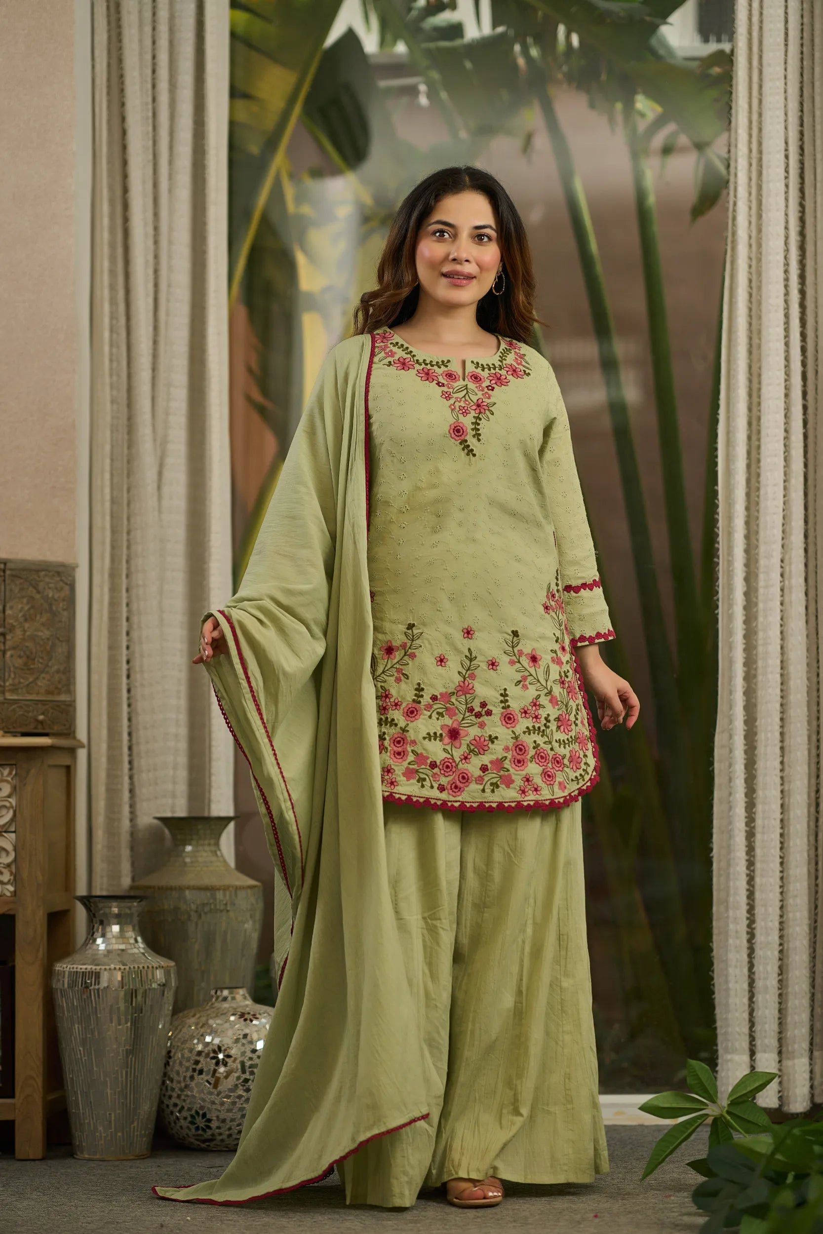 Olive Embroidered Suit Set