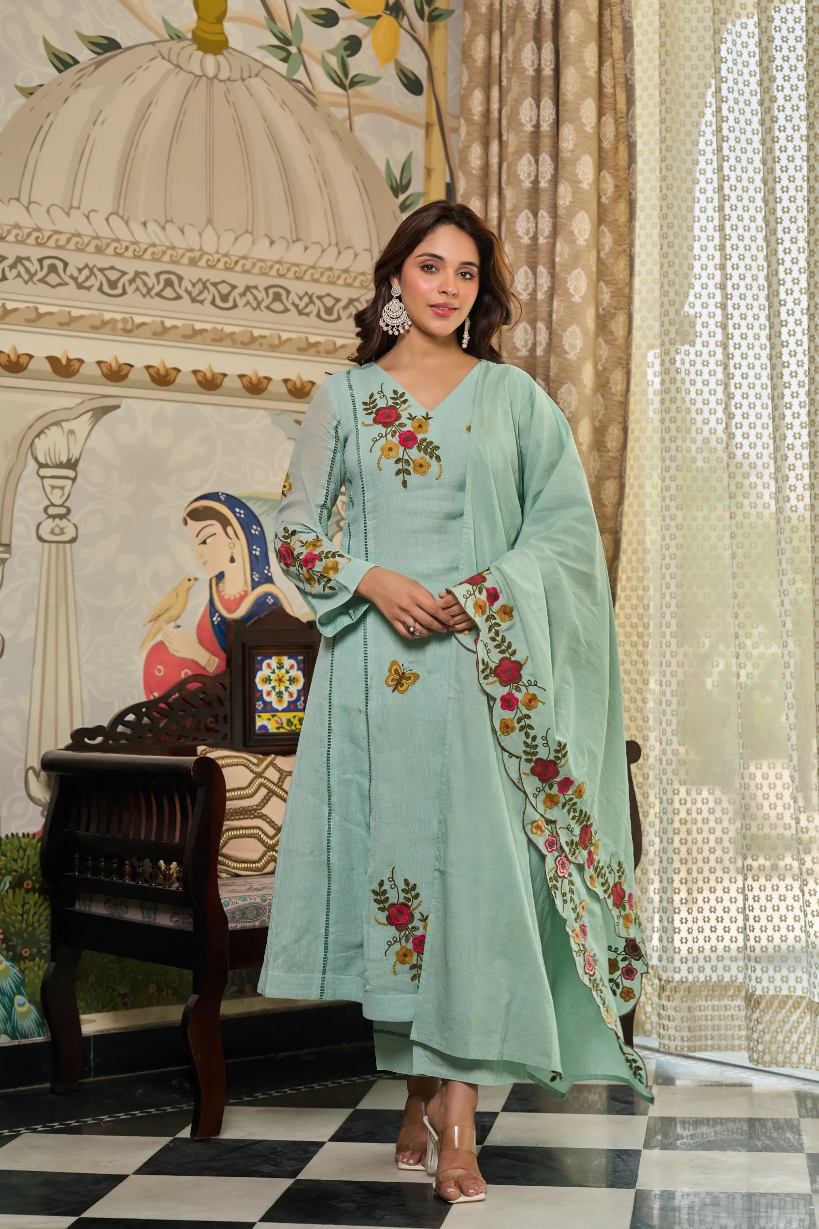 Mint Flora Embroidered Suit Set