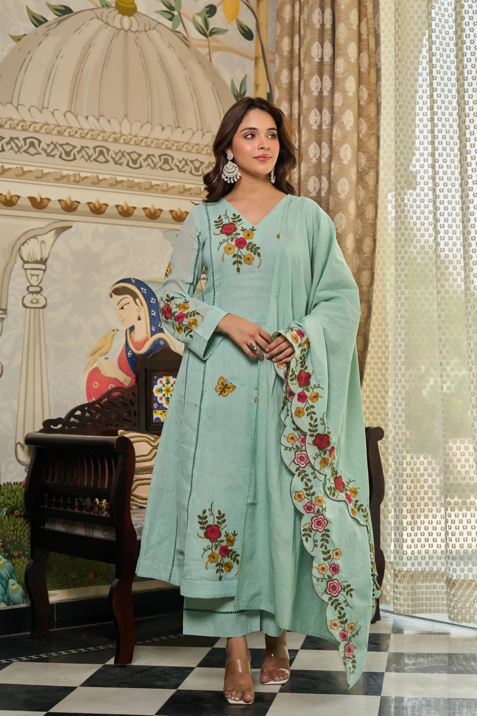 Mint Flora Embroidered Suit Set