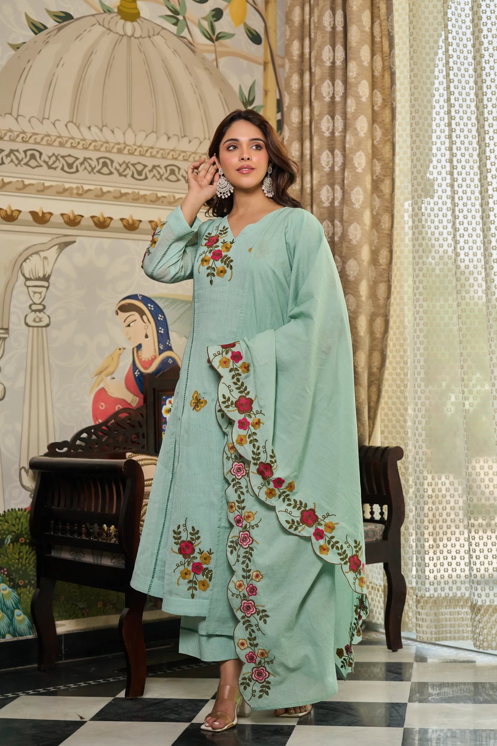 Mint Flora Embroidered Suit Set