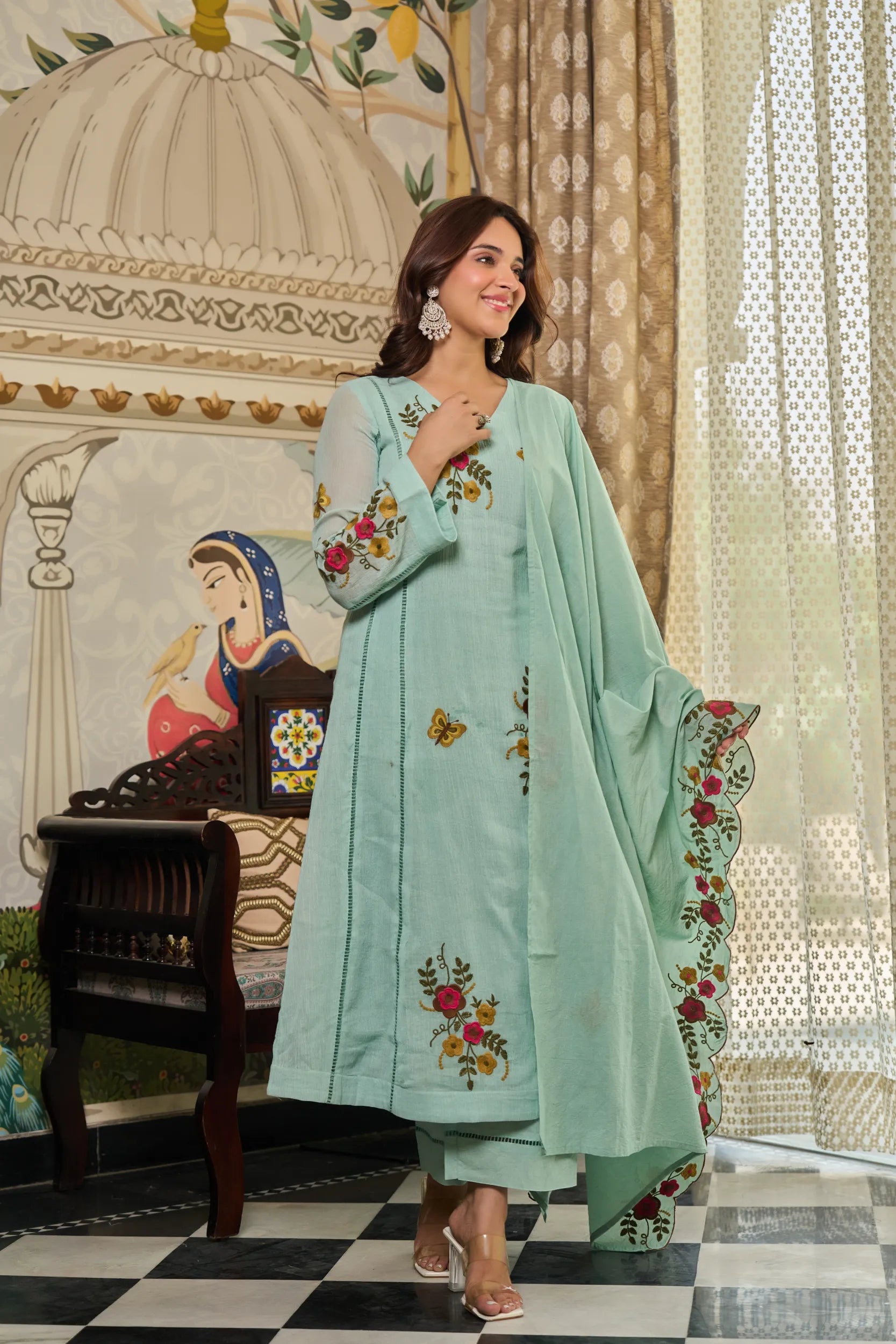 Mint Flora Embroidered Kurta  Set
