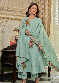 Mint Flora Embroidered Kurta  Set