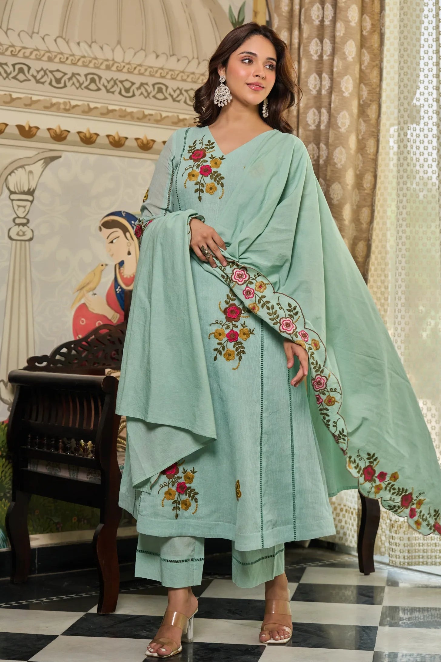 Mint Flora Embroidered Suit Set