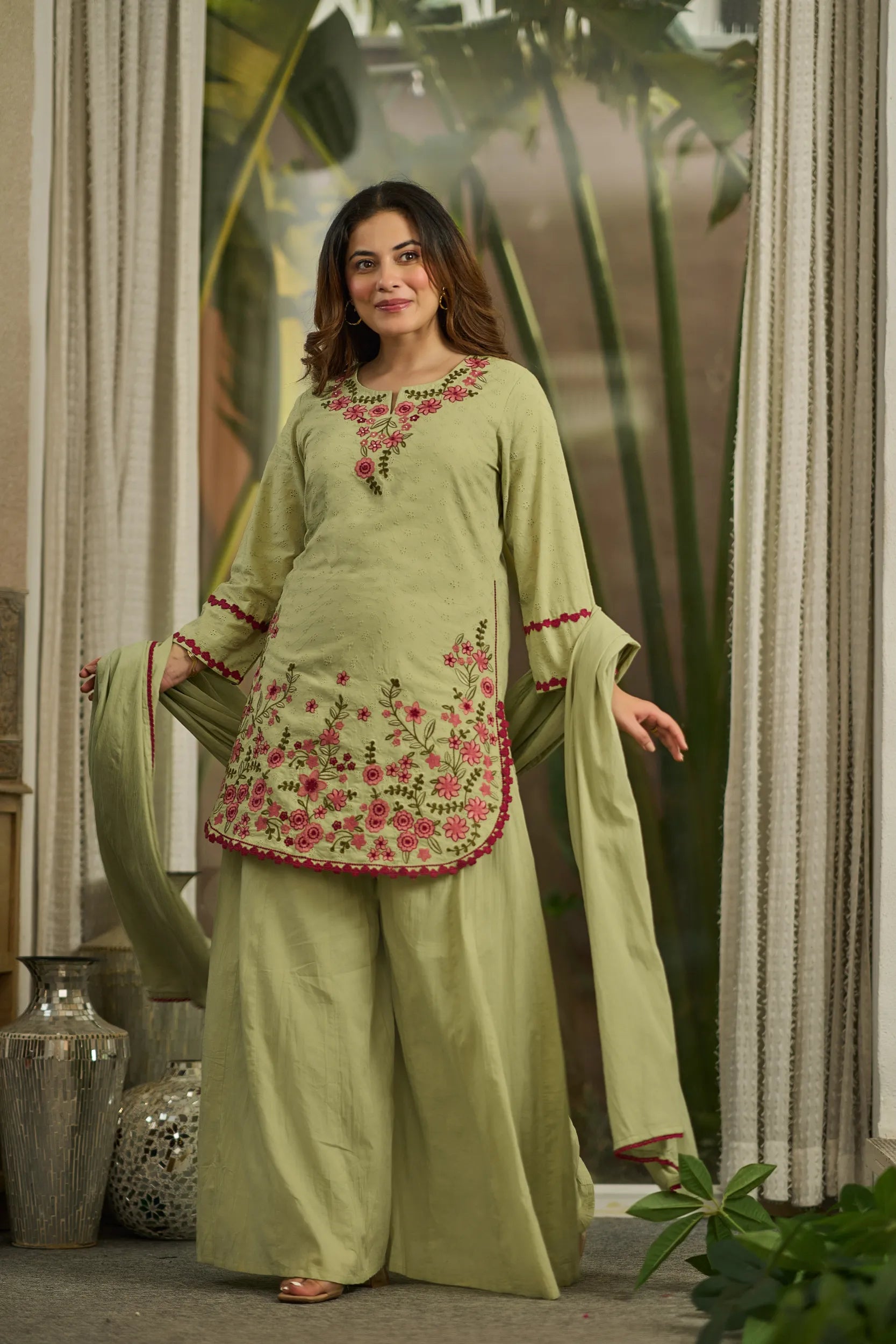 Olive Embroidered Suit Set