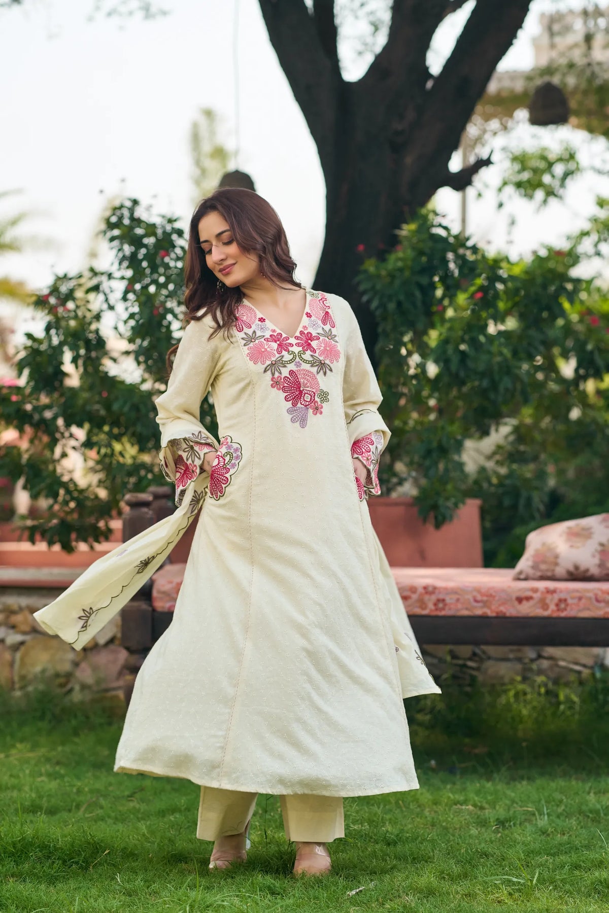 Ivory Petal Embroidered Kurta Set