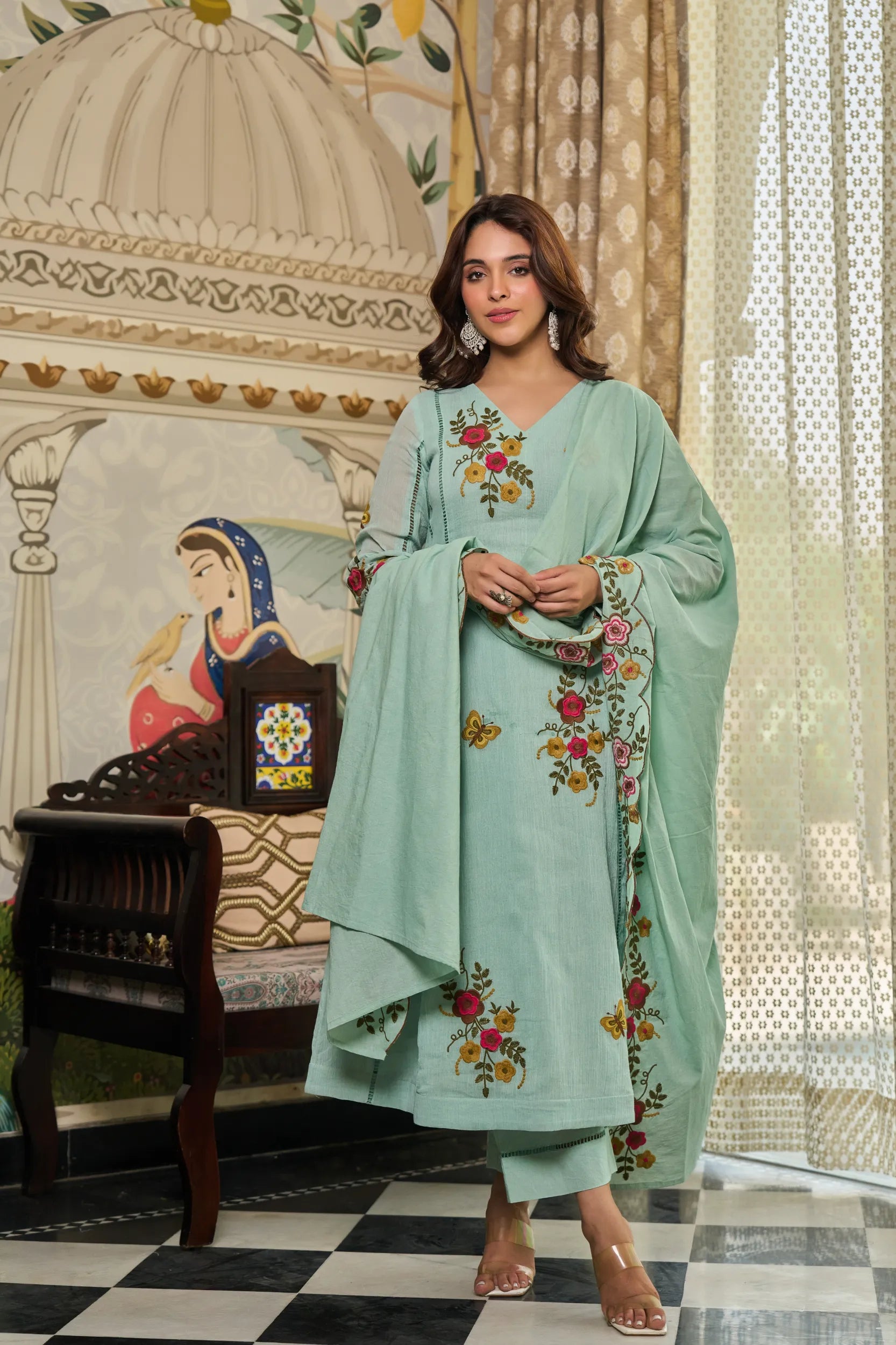 Mint Flora Embroidered Kurta  Set