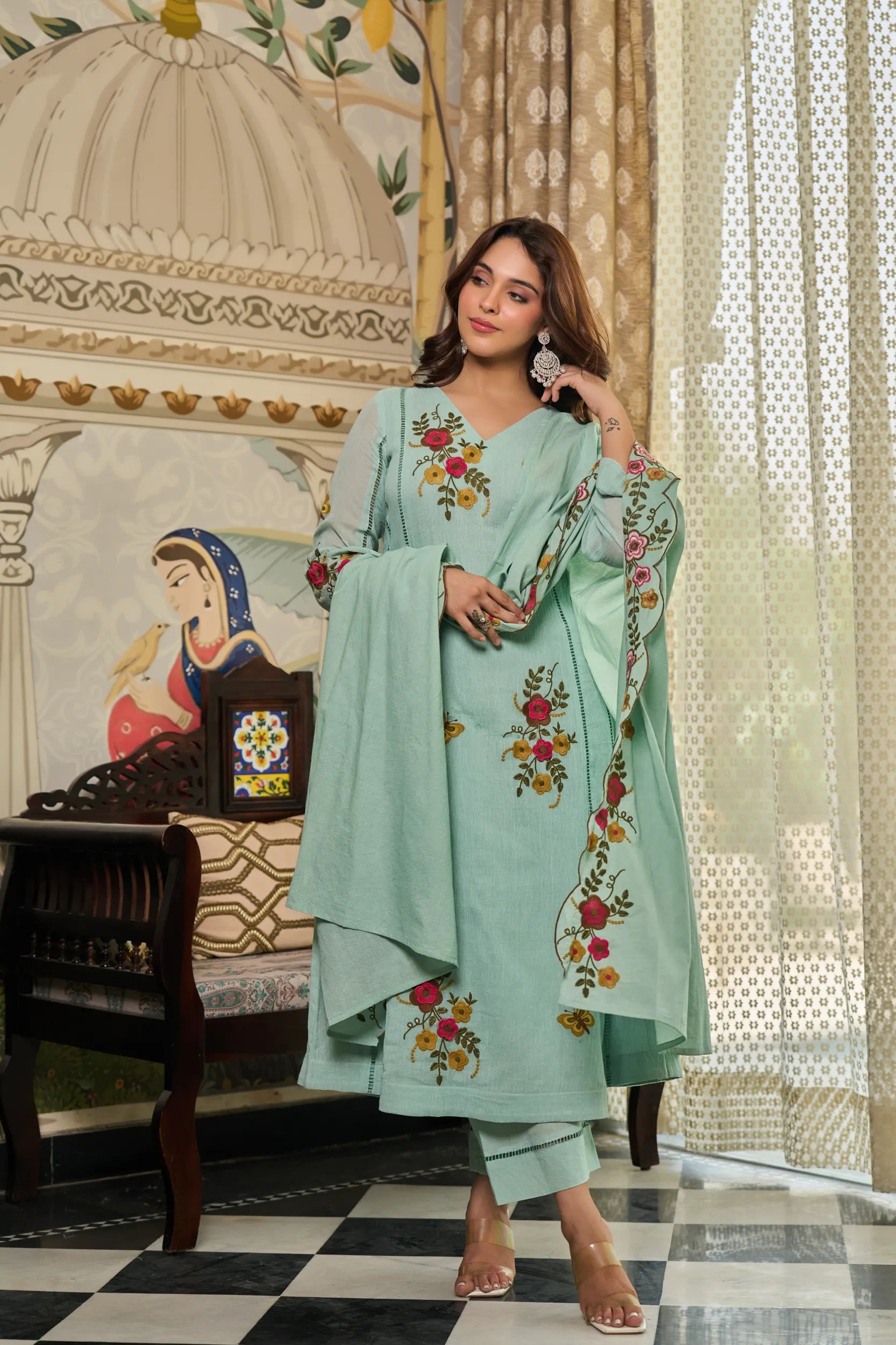 Mint Flora Embroidered Kurta  Set