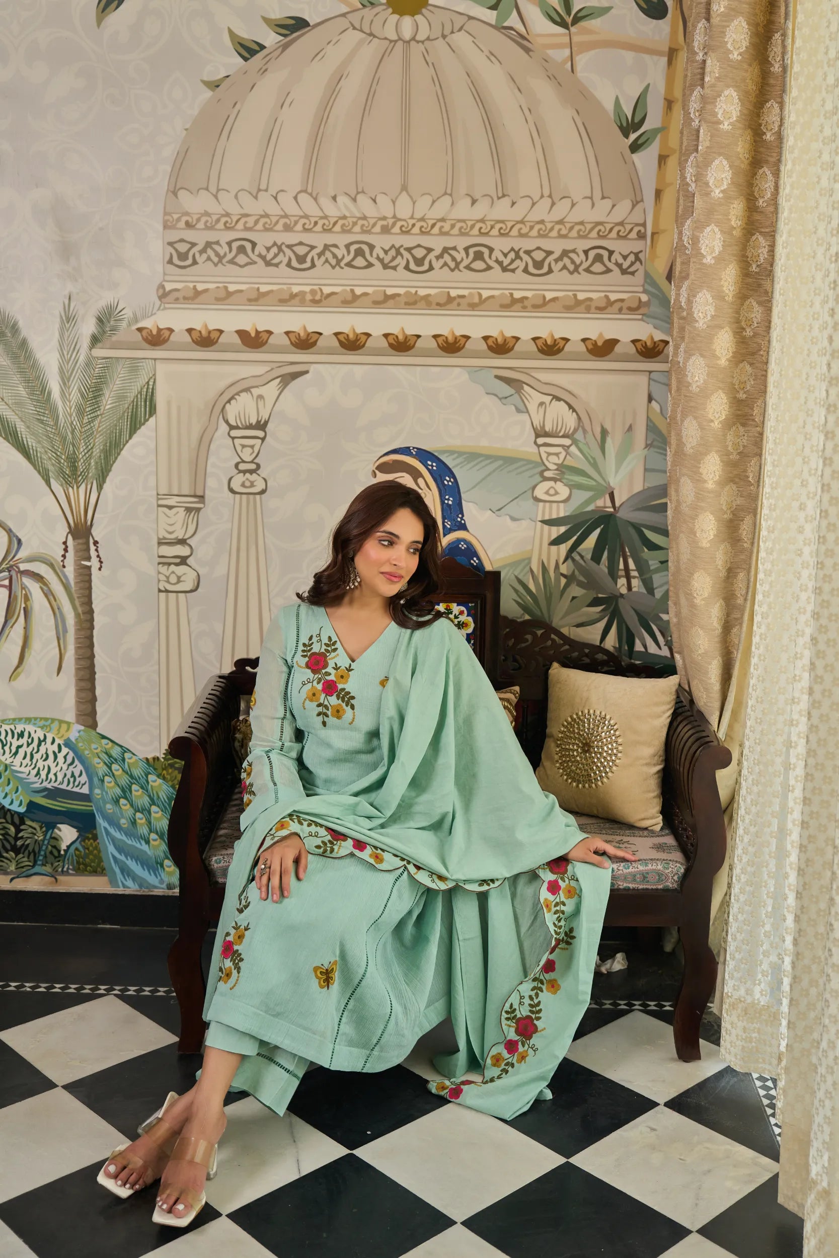 Mint Flora Embroidered Kurta  Set