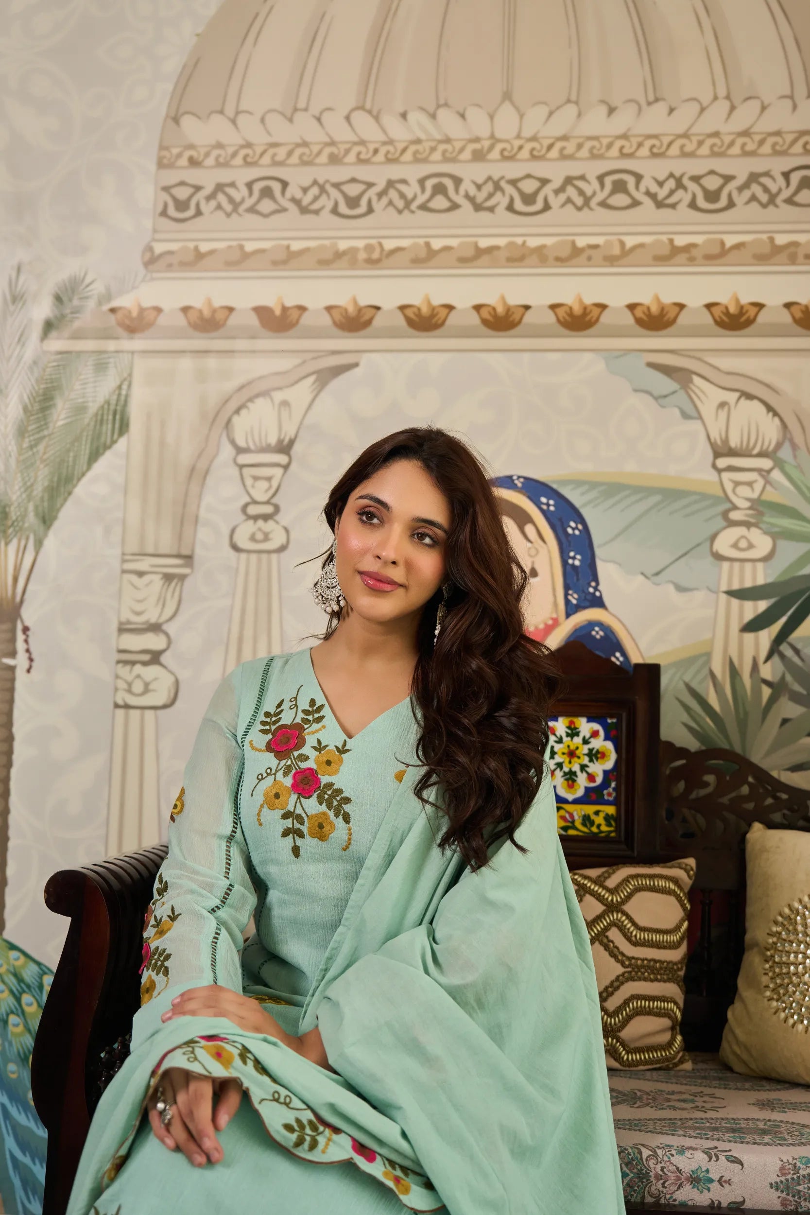 Mint Flora Embroidered Kurta  Set