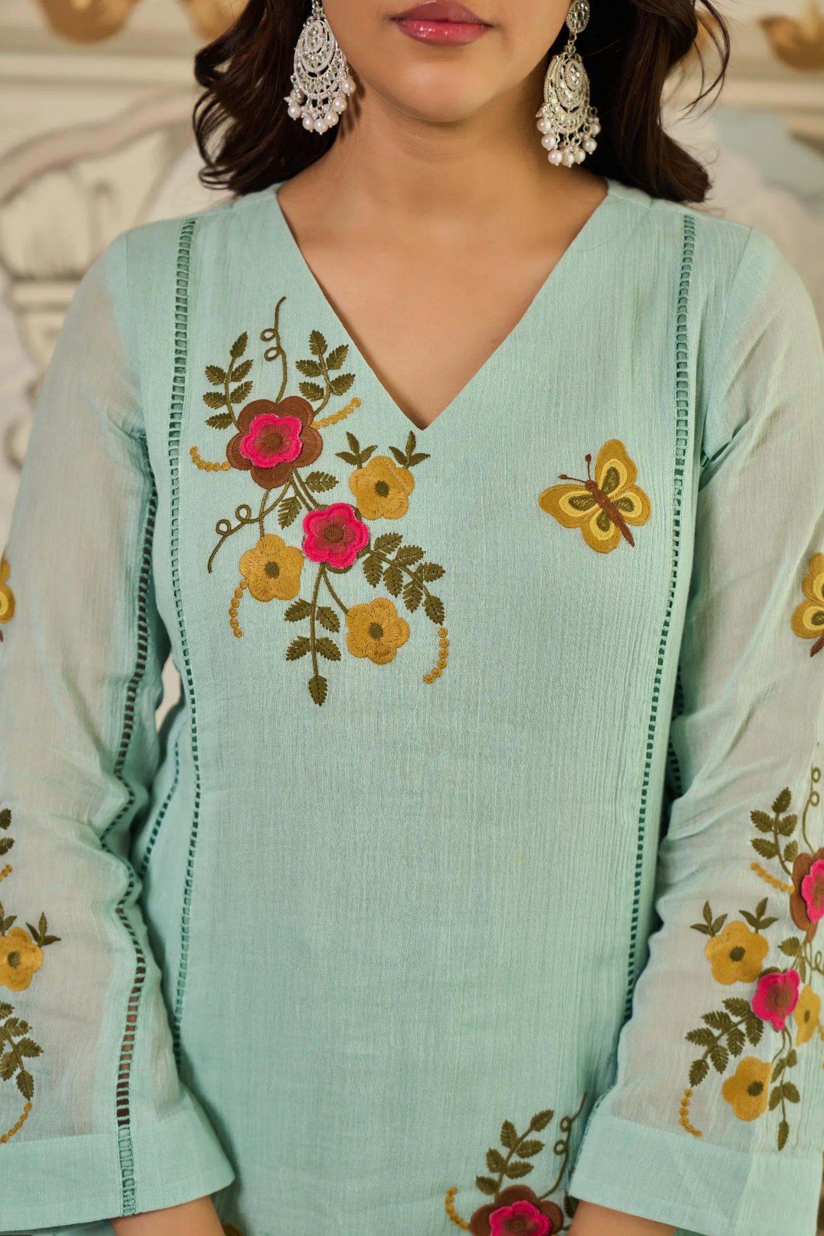 Mint Flora Embroidered Kurta  Set