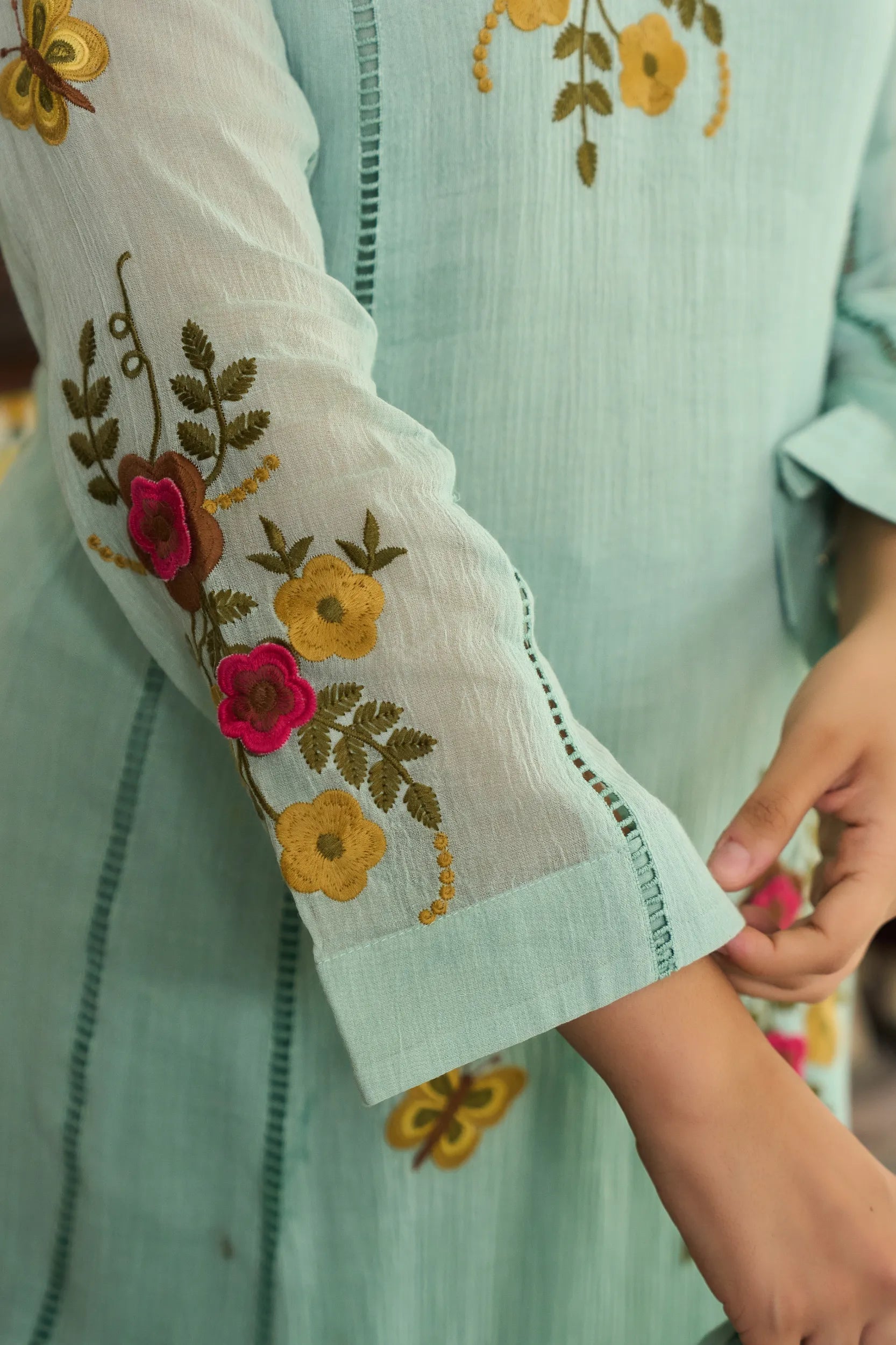 Mint Flora Embroidered Kurta  Set