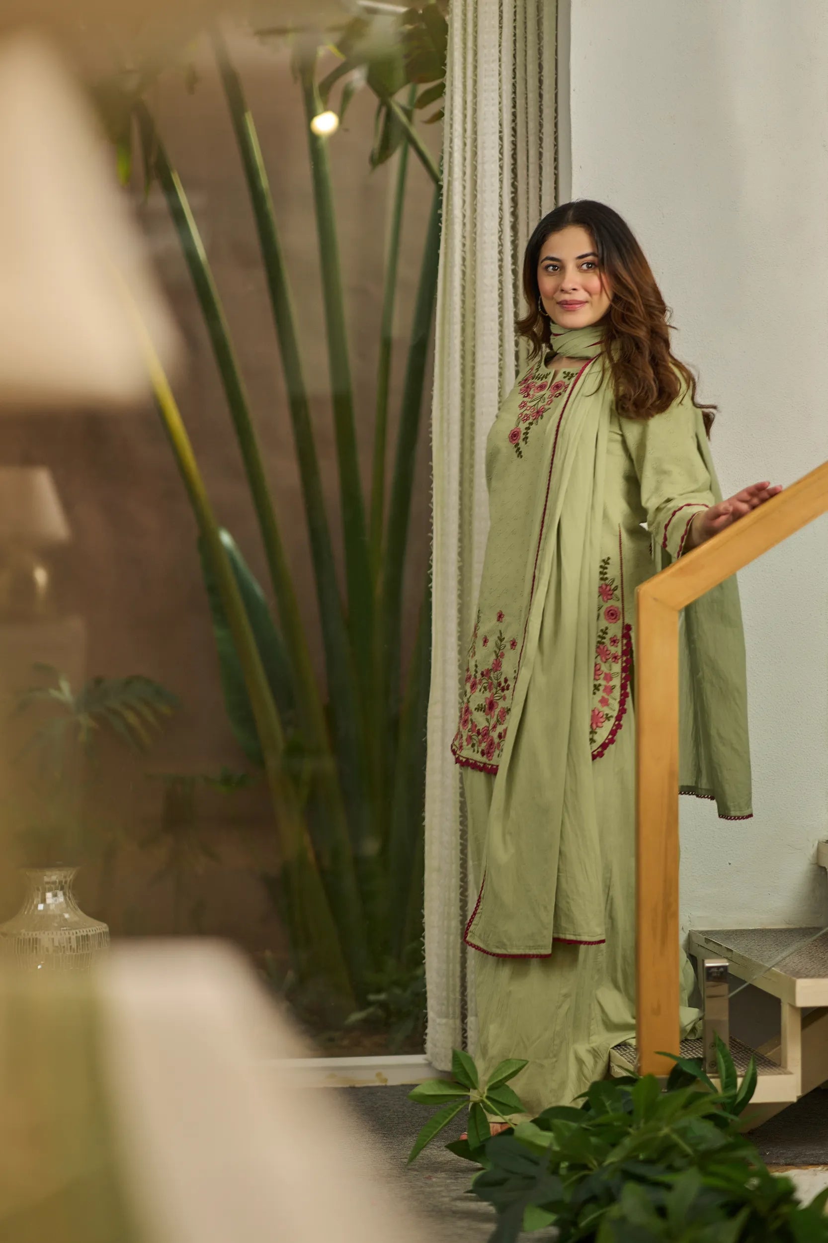 Olive Embroidered Suit Set