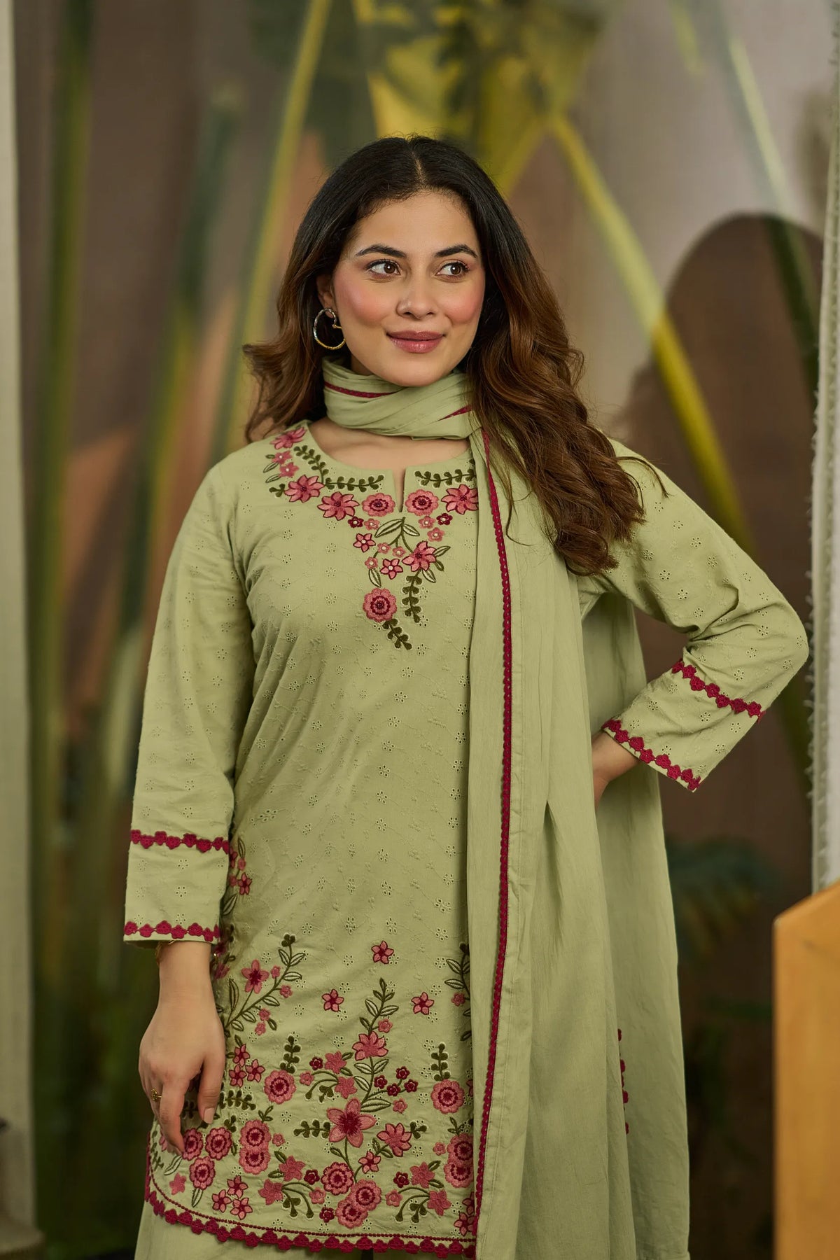 Olive Embroidered Kurta Set