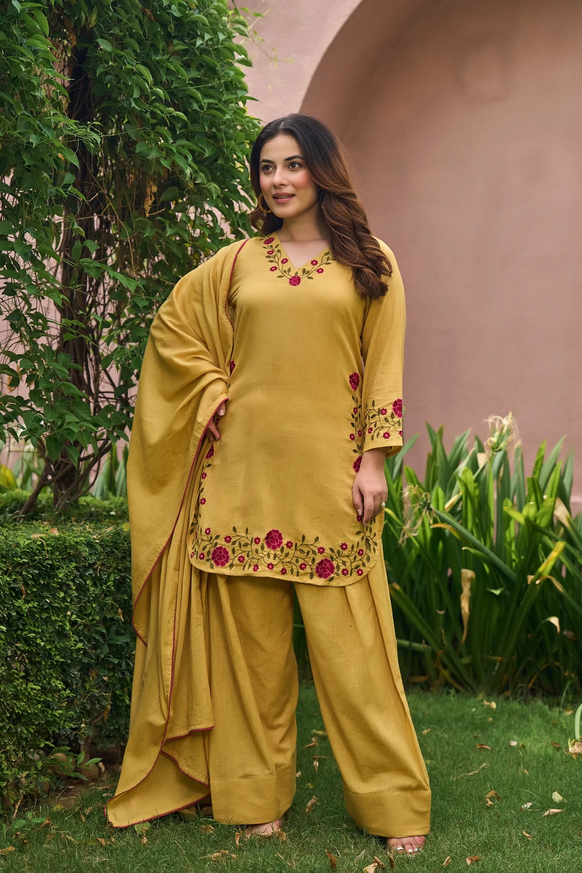 Mustard Floral Kurta Set