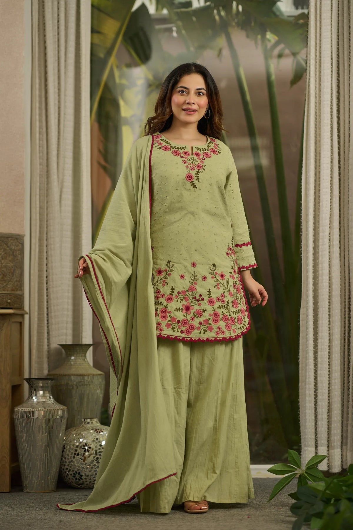 Olive Embroidered Kurta Set