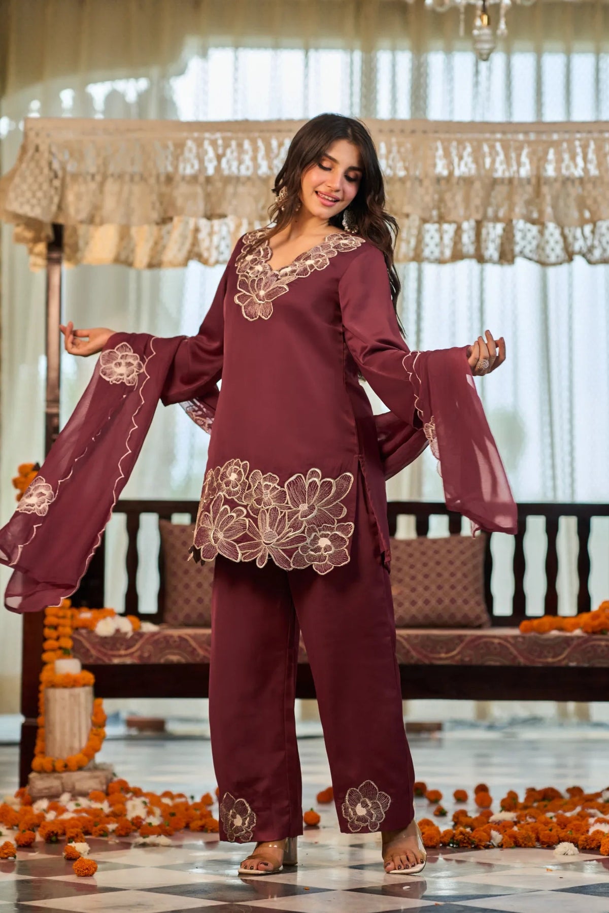 Wine Bloom Kurta Set