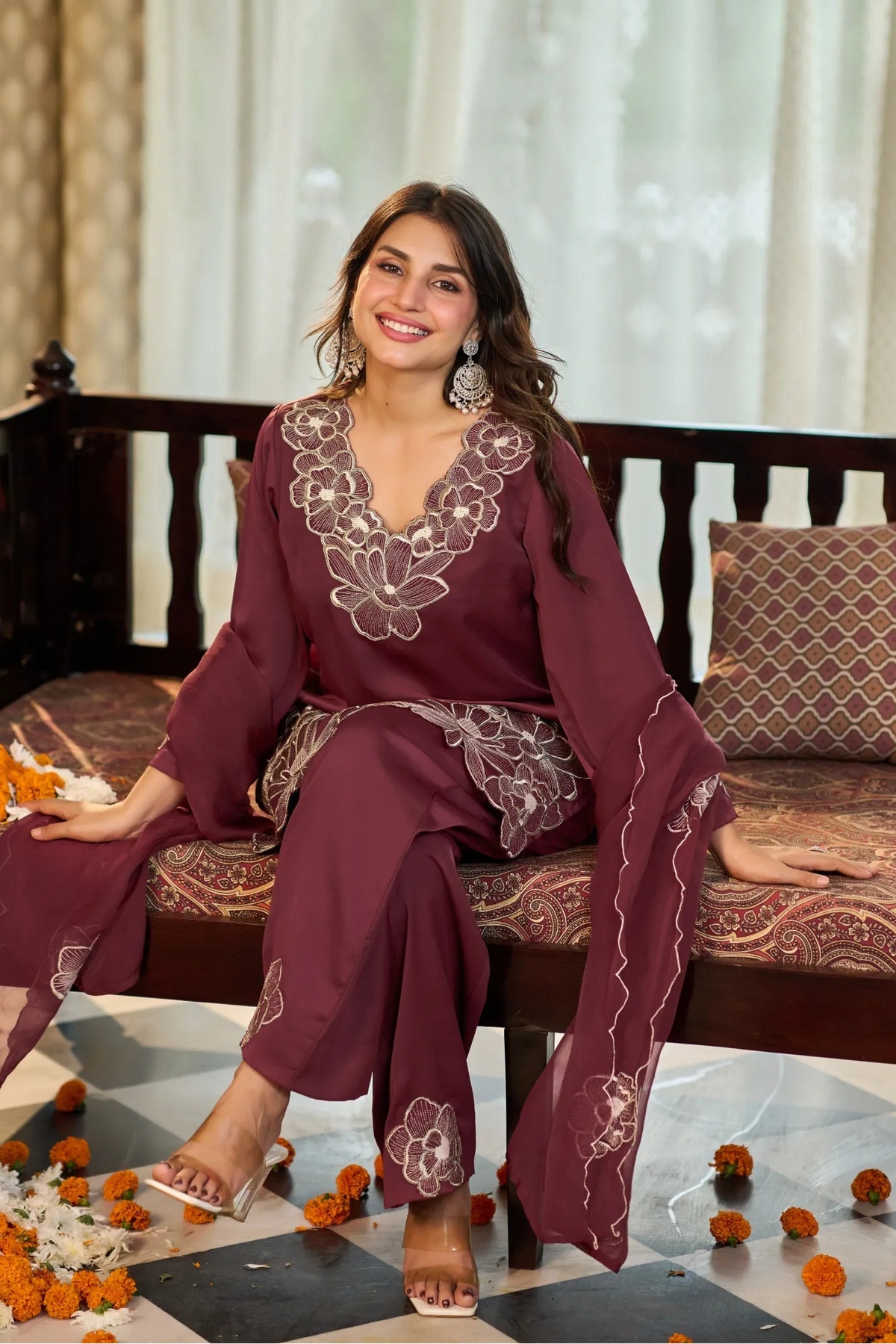 Wine Bloom Kurta Set