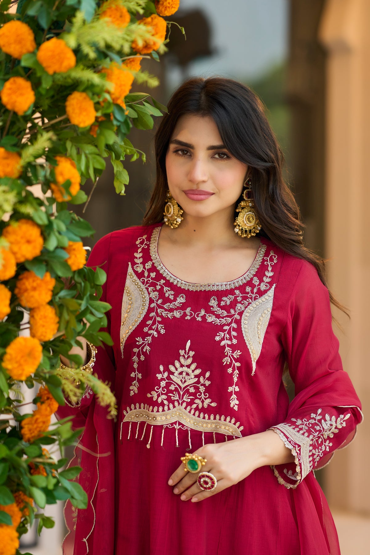 Wine Red A-Line Suit Set