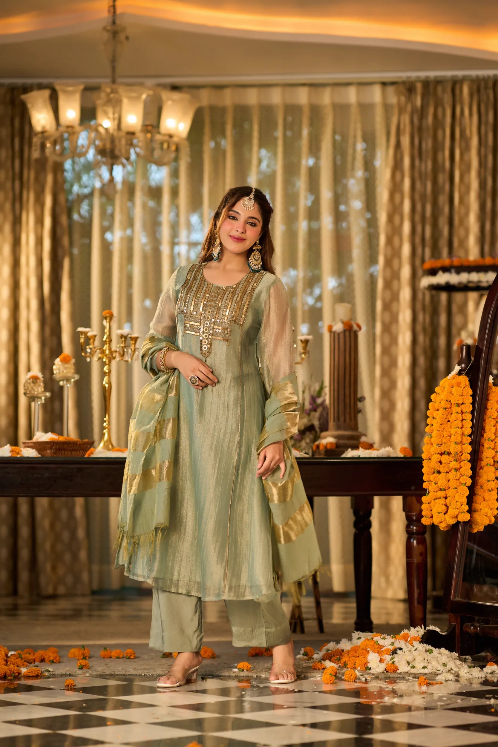 Mint Zari Festive Suit Set