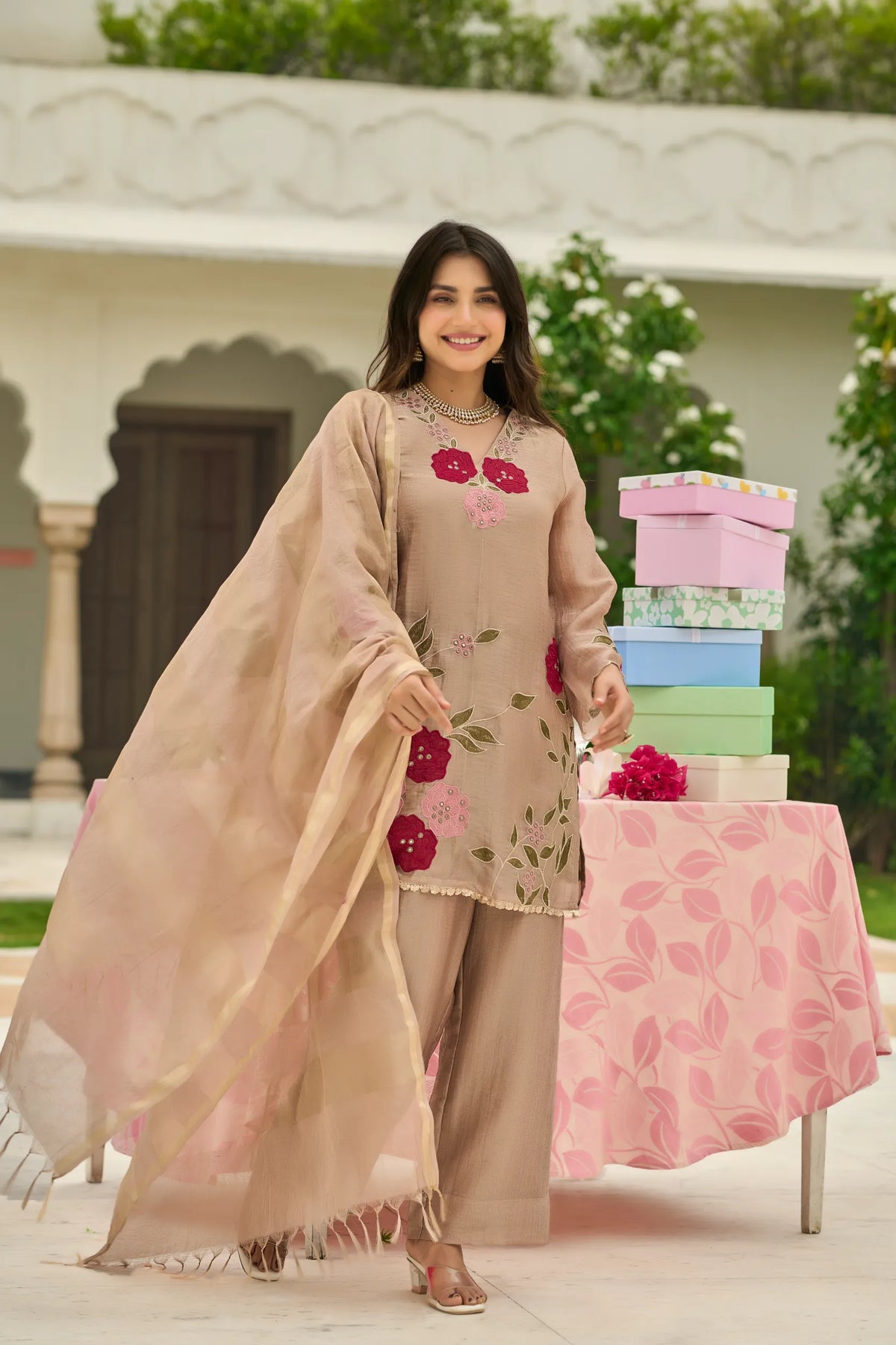 Beige Blossom Embroidered Suit Set