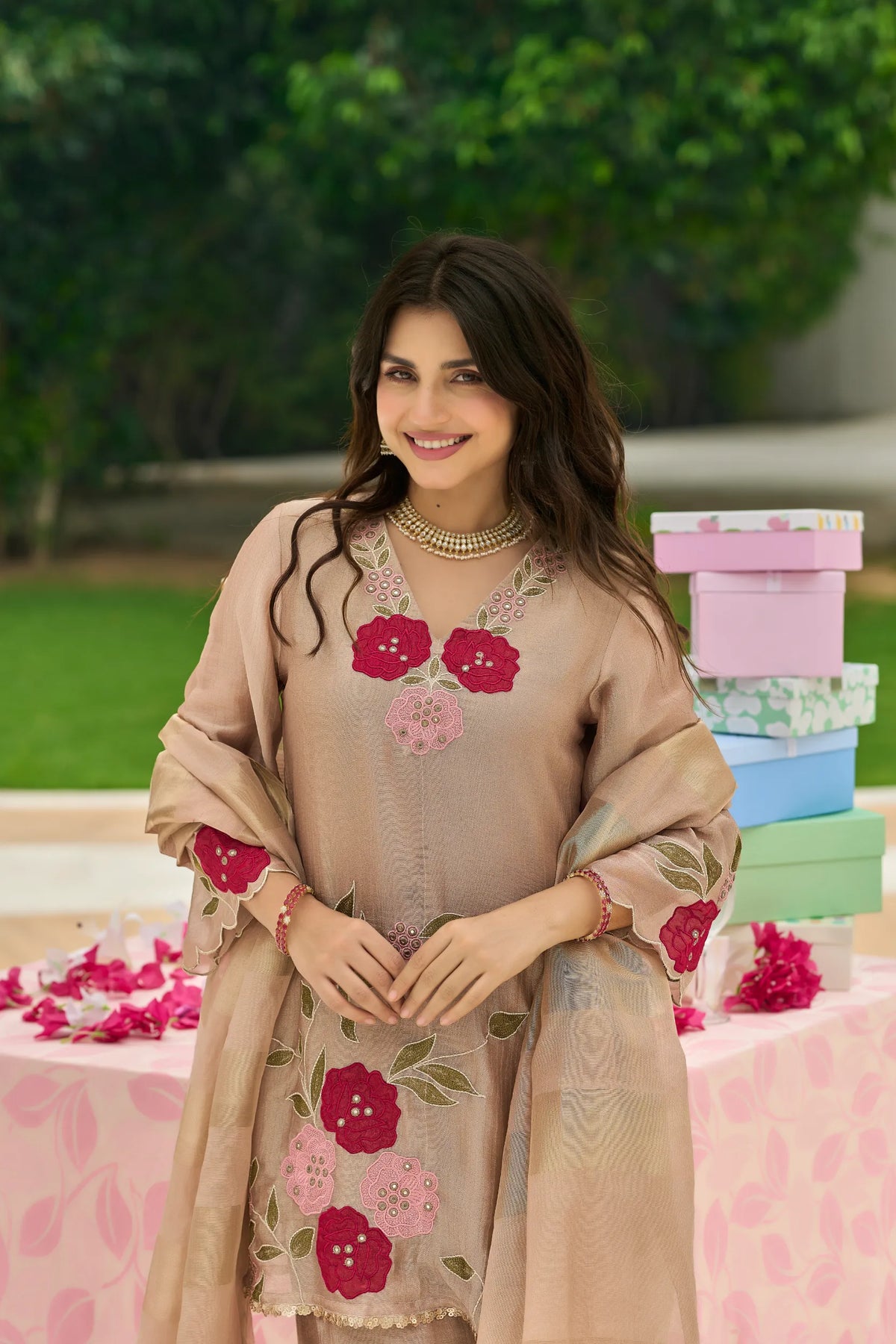 Beige Blossom Embroidered Suit Set