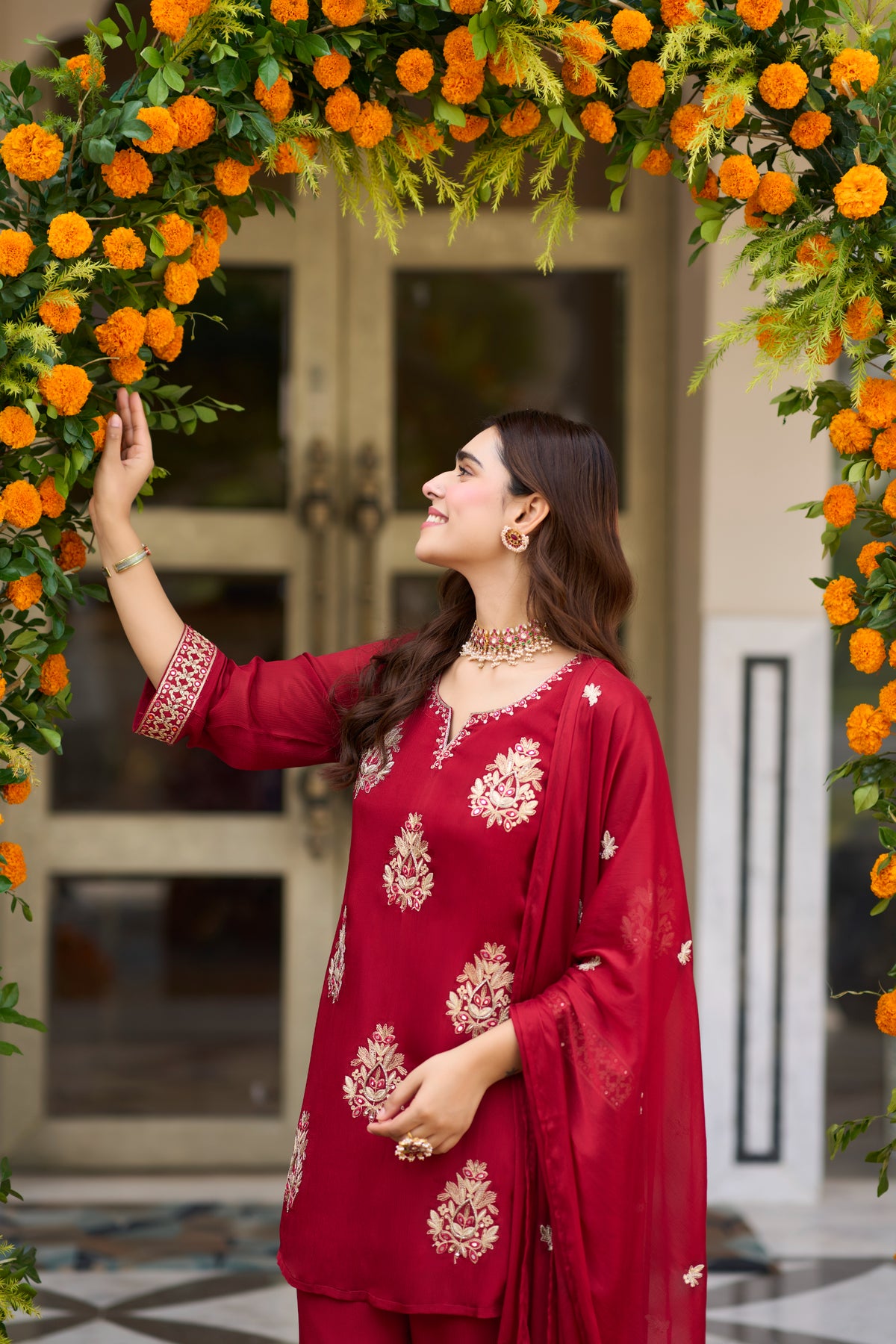 Crimson Bloom Embroidered Suit Set