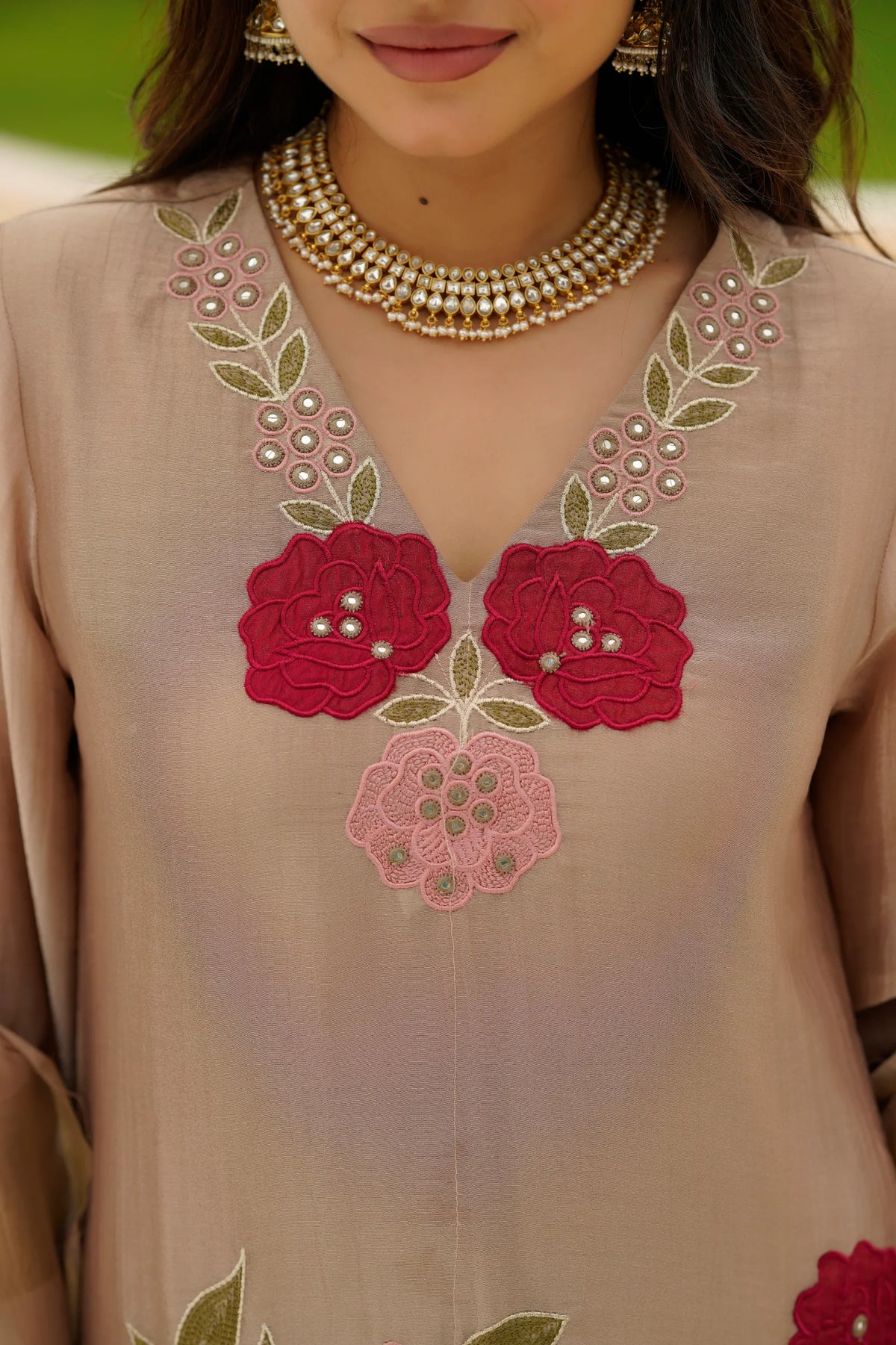 Beige Blossom Embroidered Suit Set