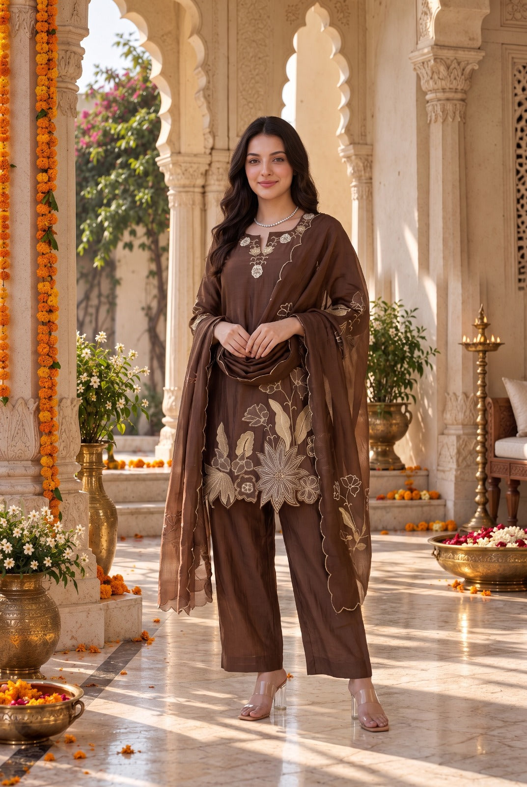 Mocha Bloom Kurta Set