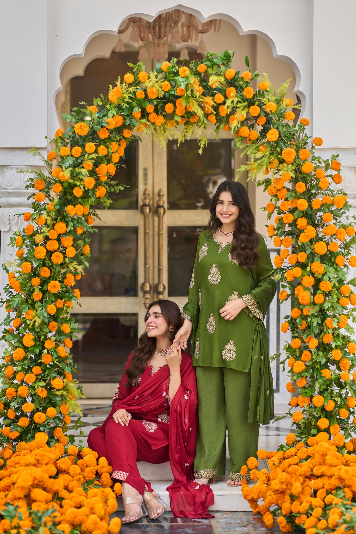 Crimson Bloom Embroidered Suit Set