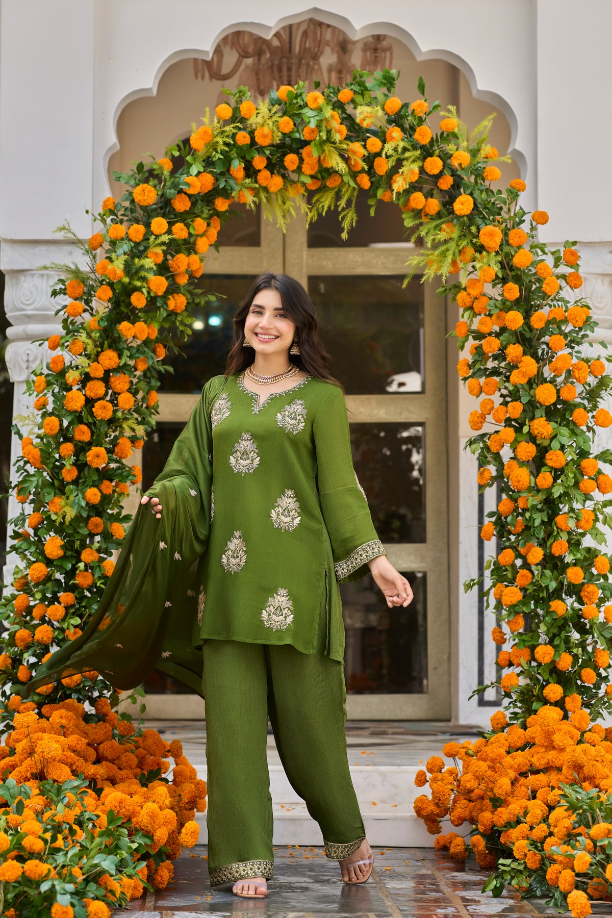 Olive Bloom Embroidered Kurta Set