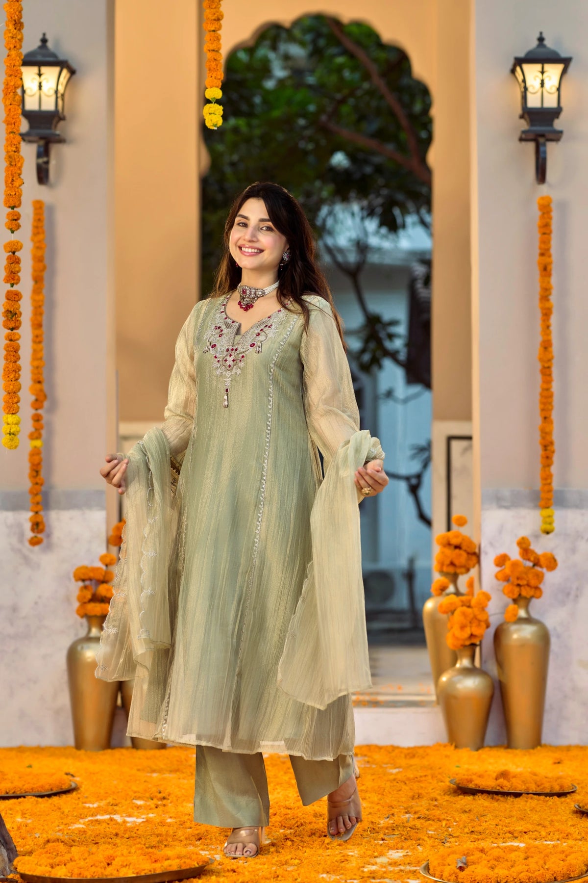 Soft Olive Embroidered Suit Set