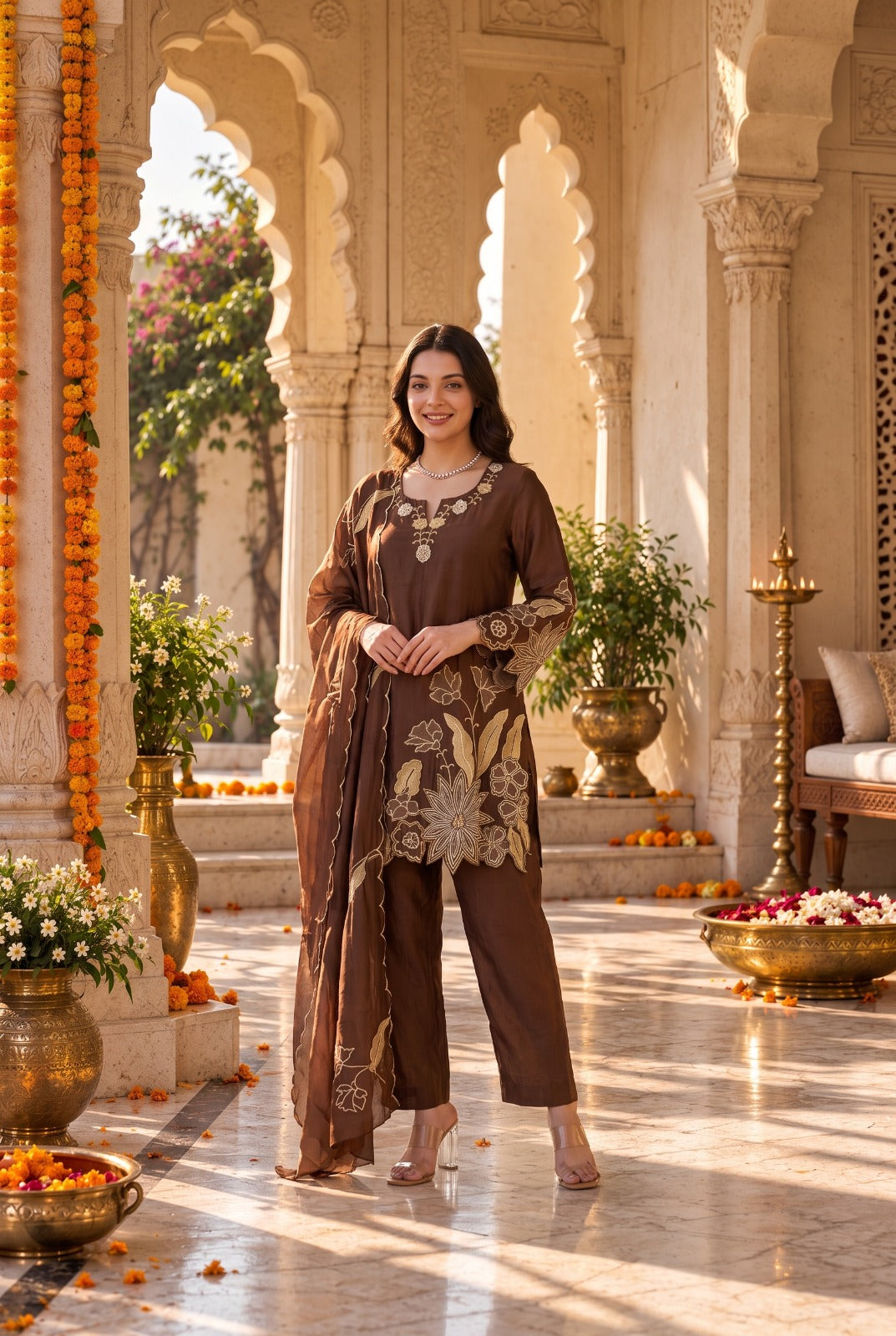 Mocha Bloom Kurta Set