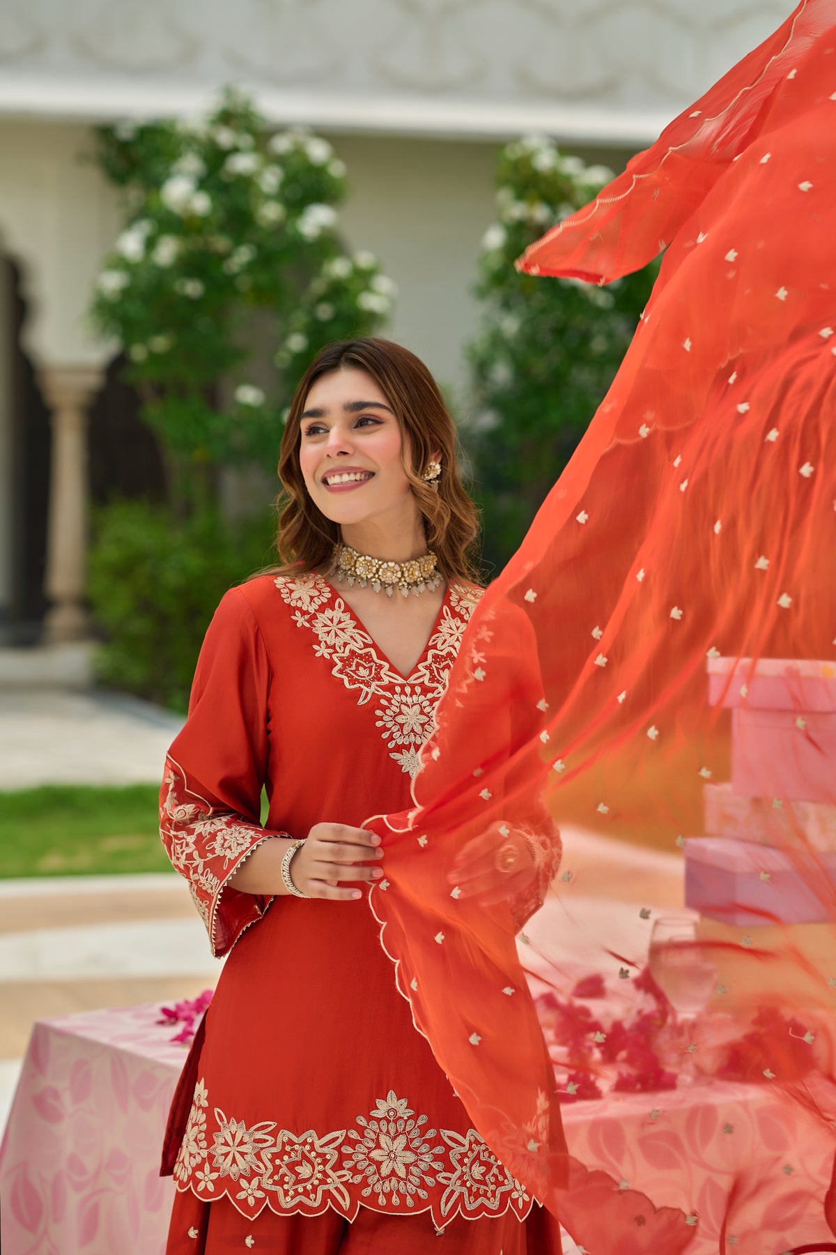 Rust Orange Embroidered Suit Set