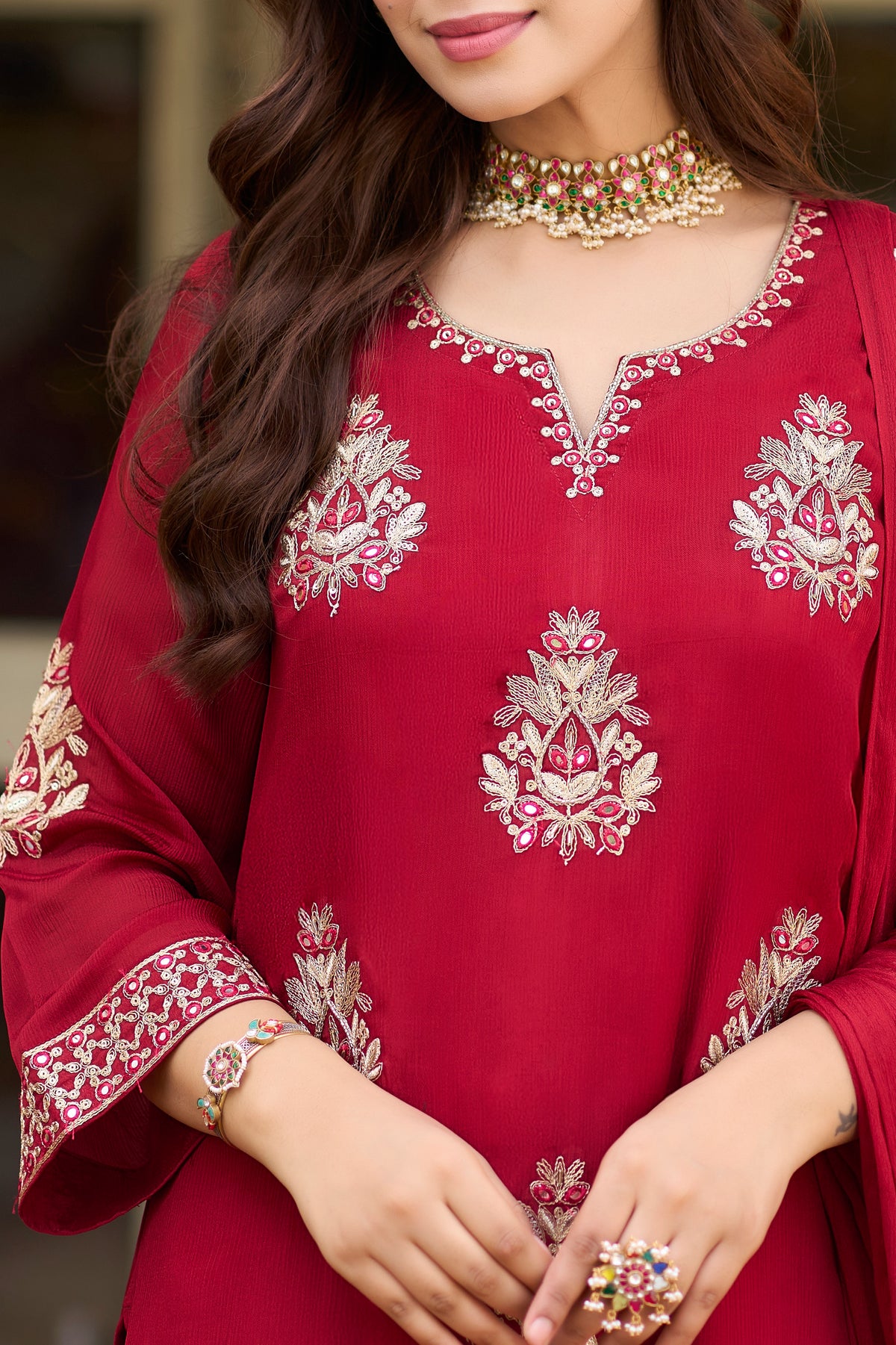 Crimson Bloom Embroidered Suit Set