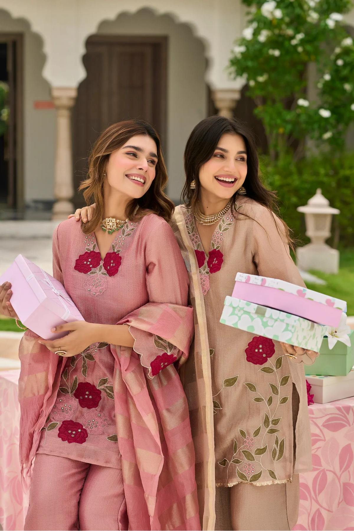 Beige Blossom Embroidered Suit Set