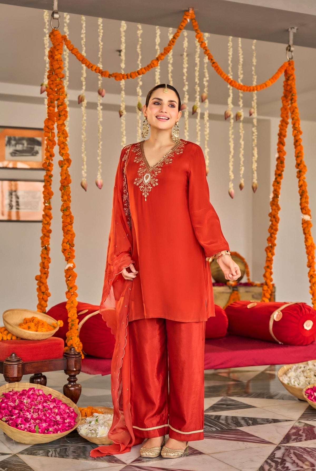 Burnt Orange Embroidered Suit Set