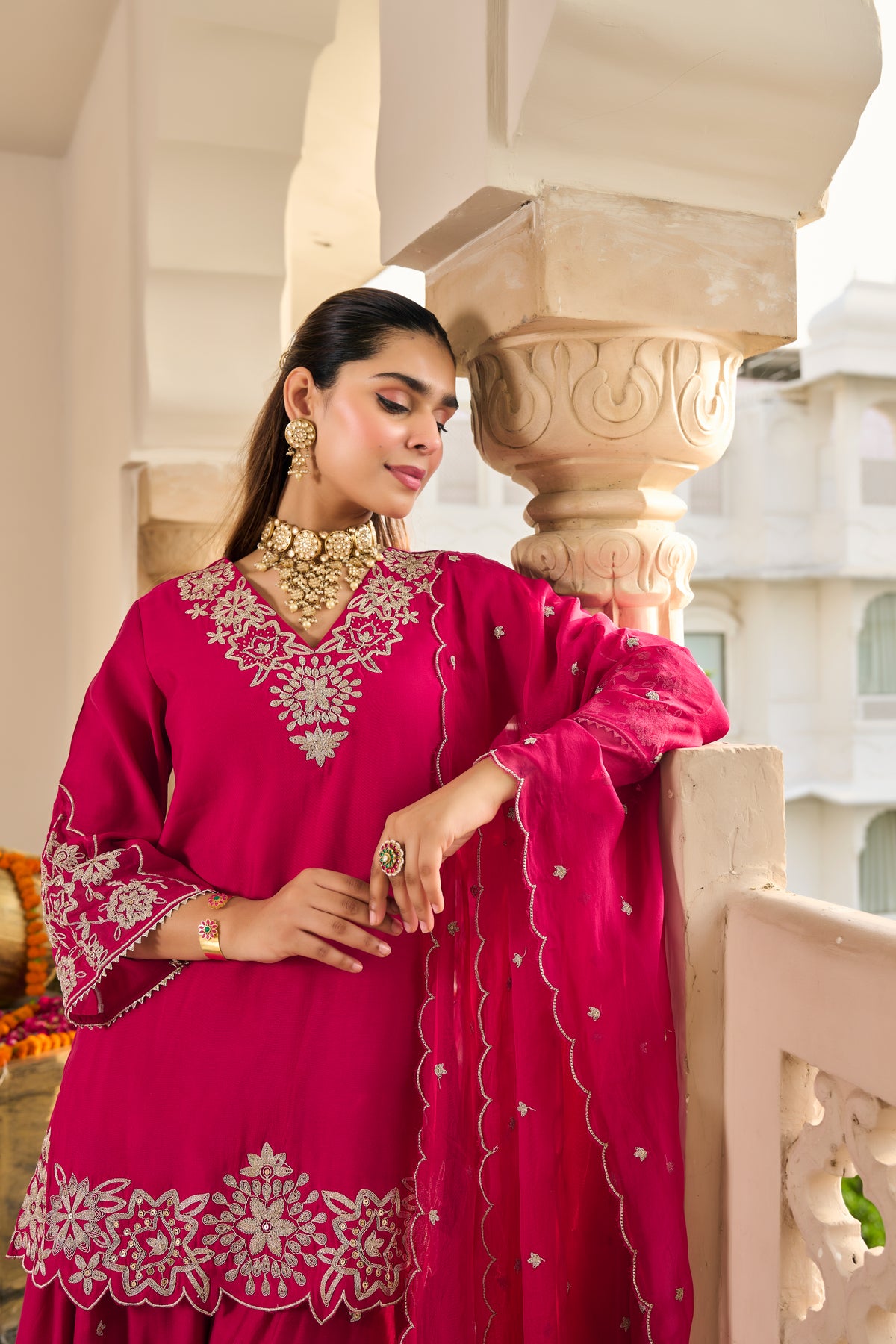 Fuchsia Pink Embroidered Suit Set