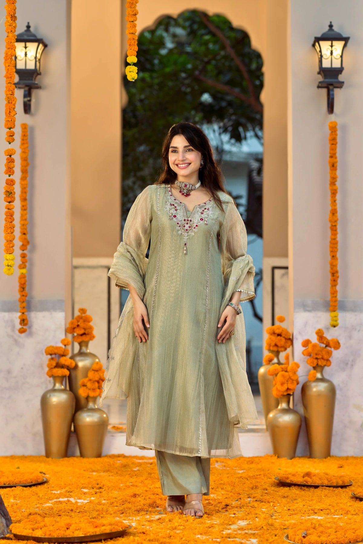 Soft Olive Embroidered Suit Set