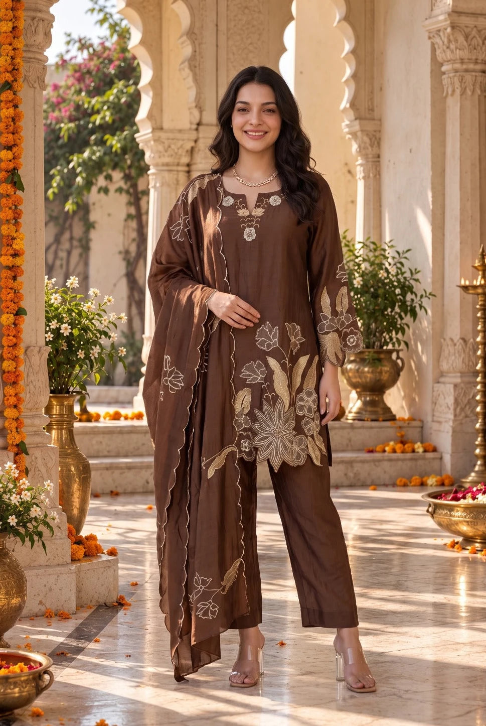 Mocha Bloom Kurta Set