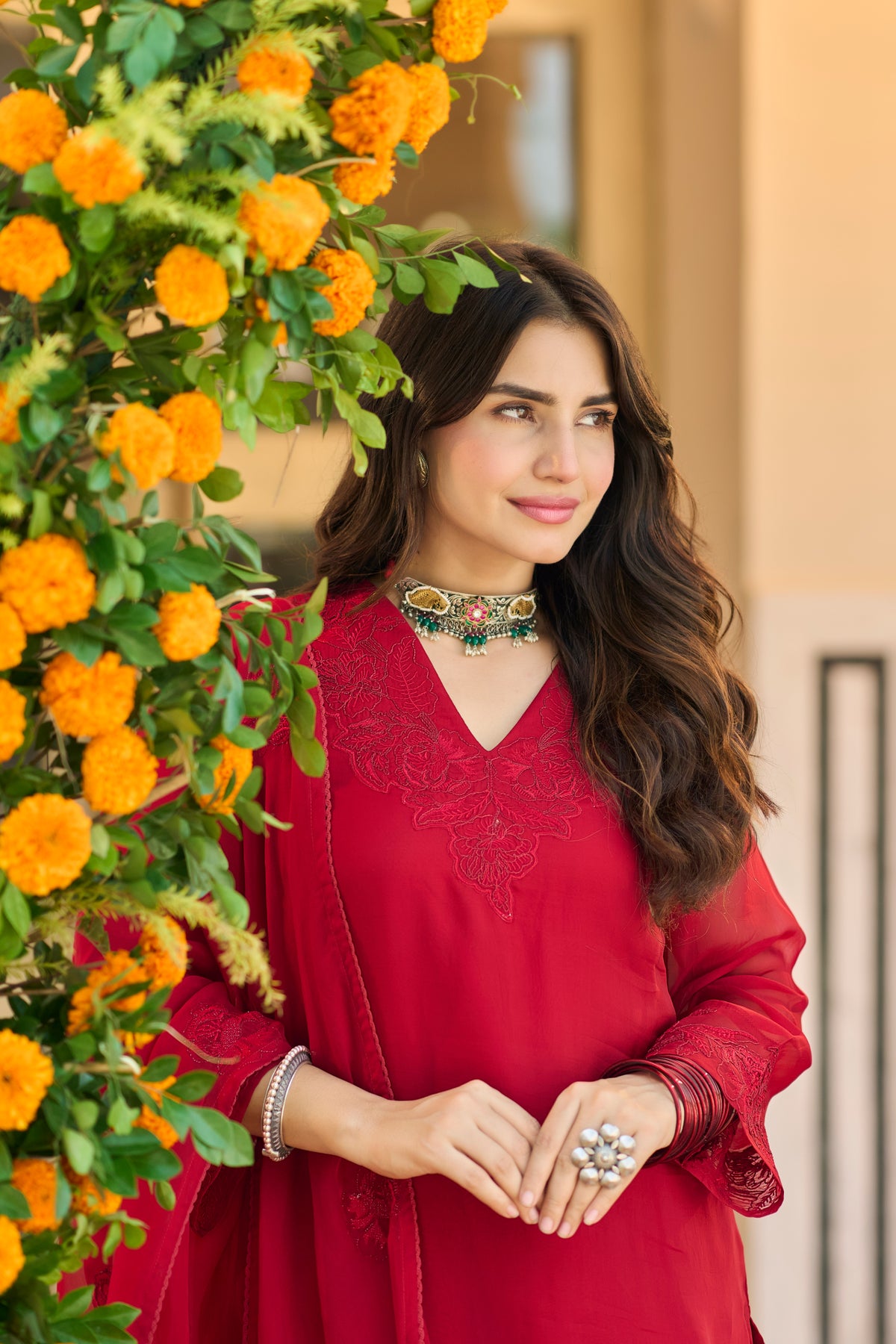 Crimson Red Embroidered Suit Set
