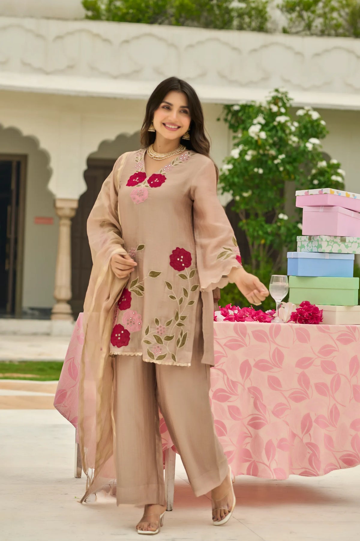 Beige Blossom Embroidered Suit Set