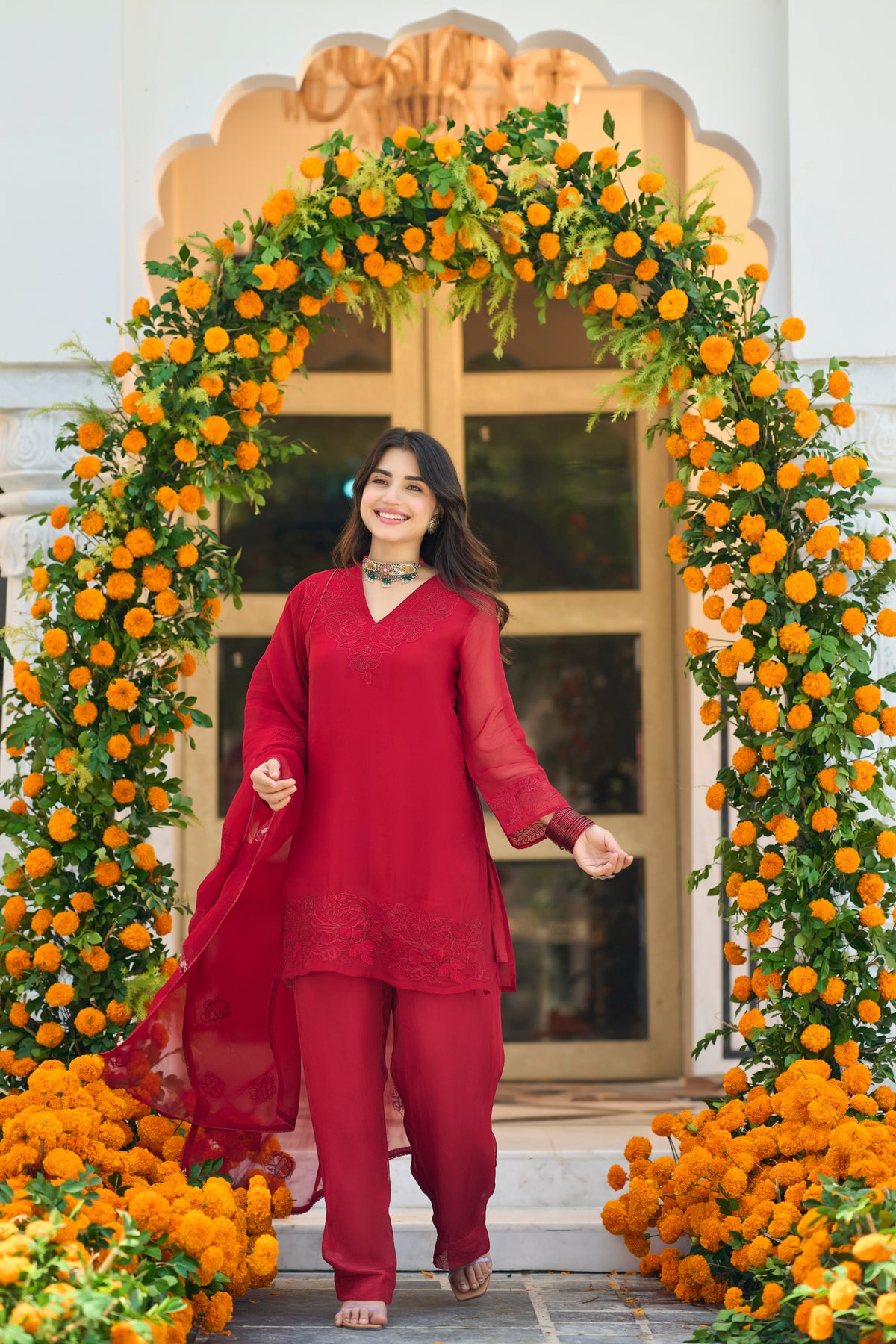 Crimson Red Embroidered Suit Set