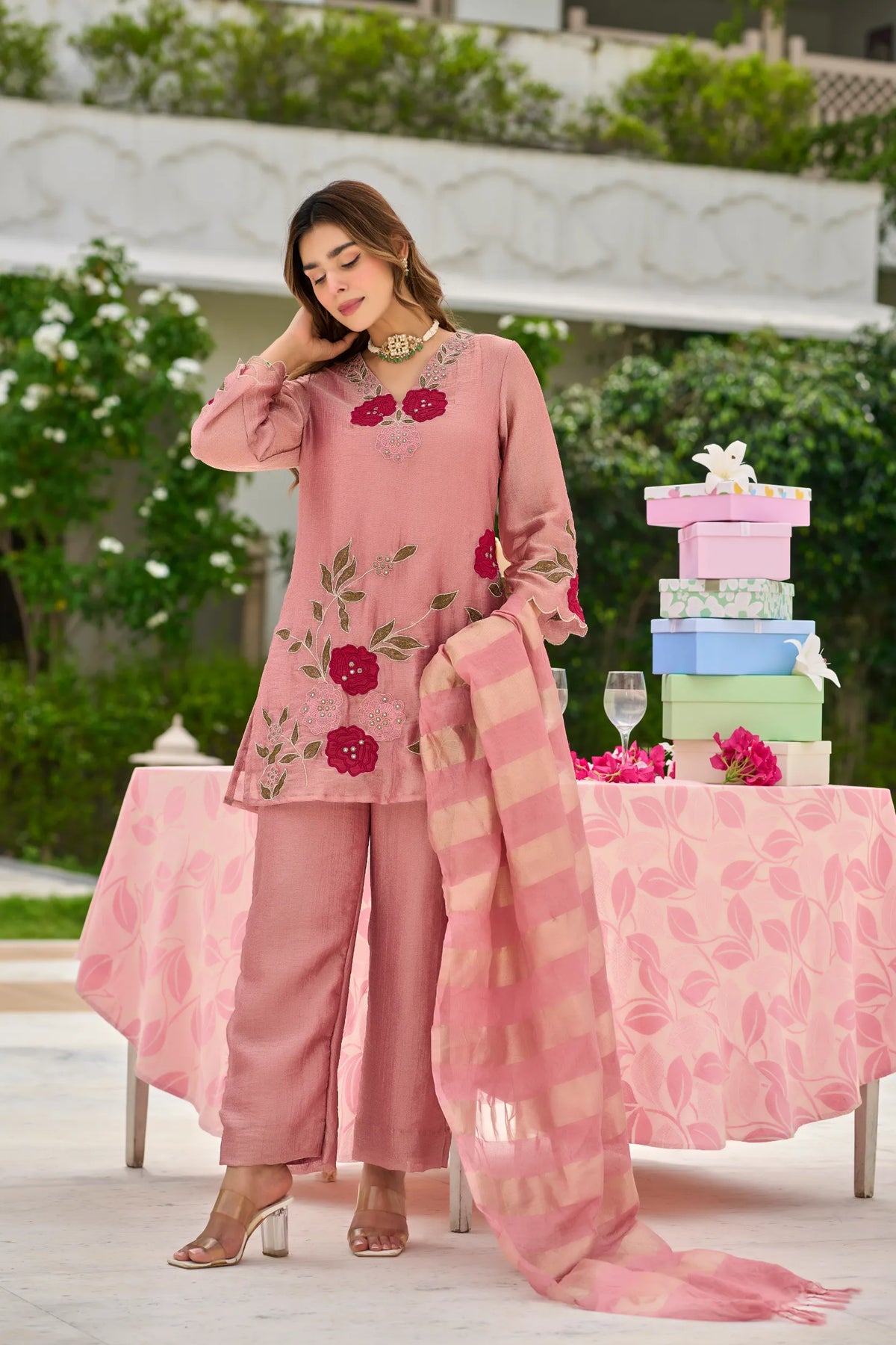 Rose Bloom Embroidered Suit Set