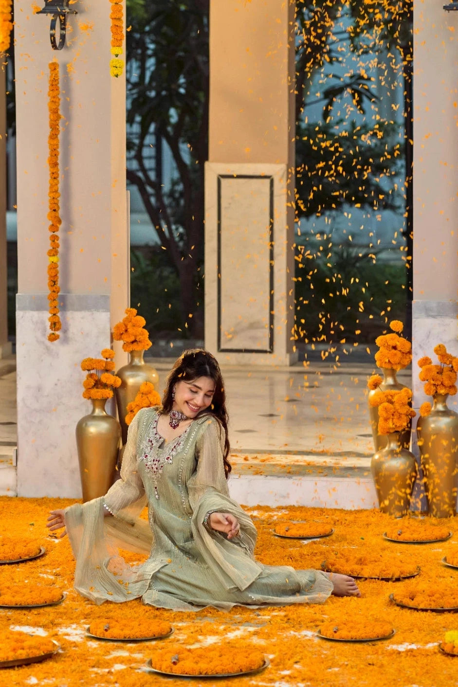 Soft Olive Embroidered Suit Set