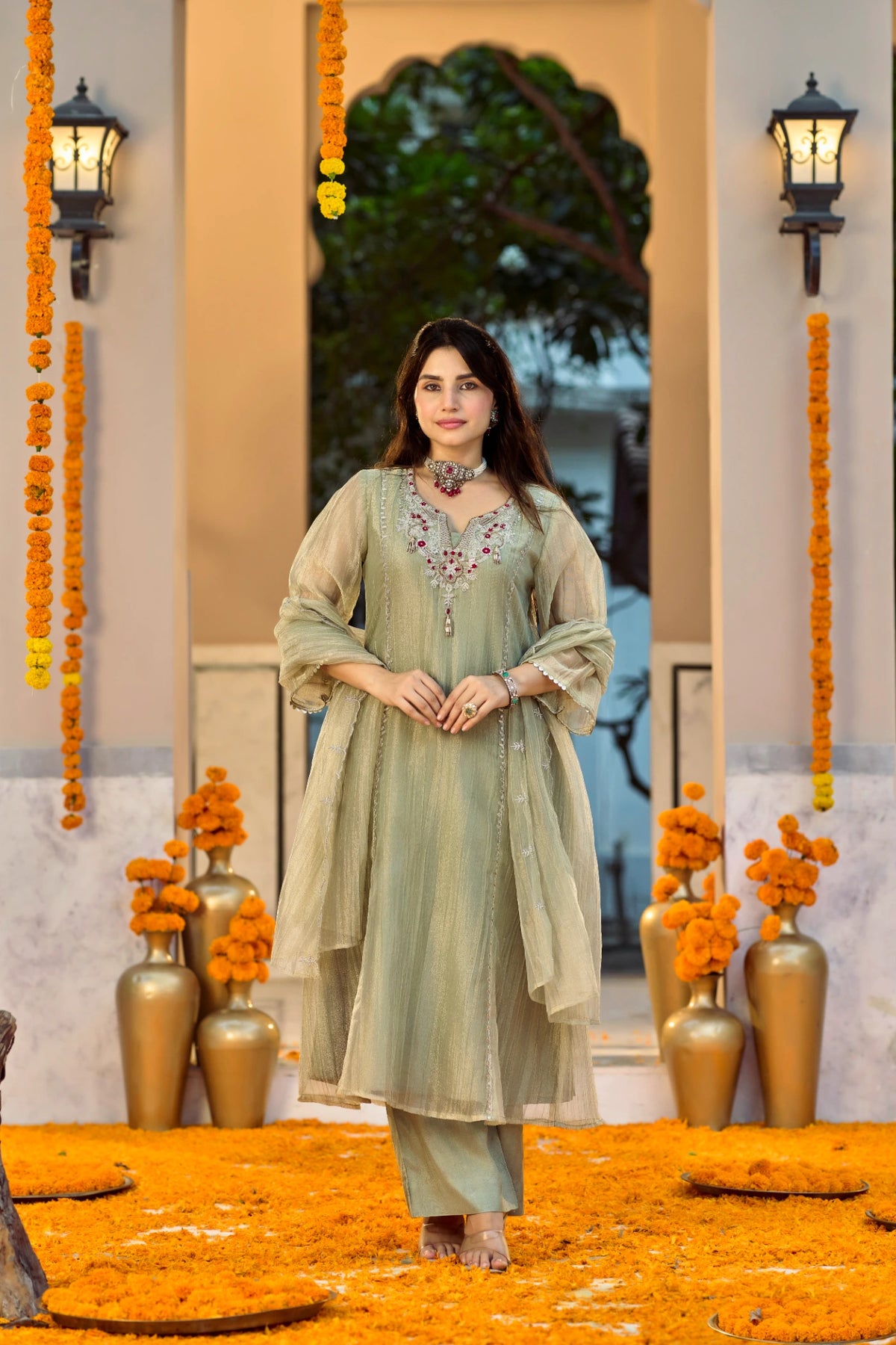 Soft Olive Embroidered Suit Set